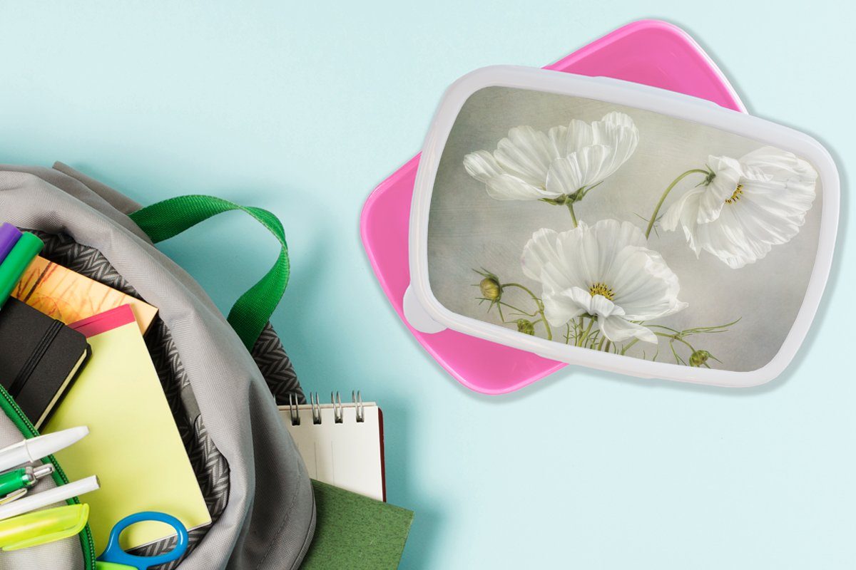 - Lunchbox - Blumen Kinder, Brotdose Kunststoff Snackbox, Weiß rosa für (2-tlg), - Stillleben Botanisch, Brotbox Kunststoff, Mohn Erwachsene, MuchoWow Mädchen, -