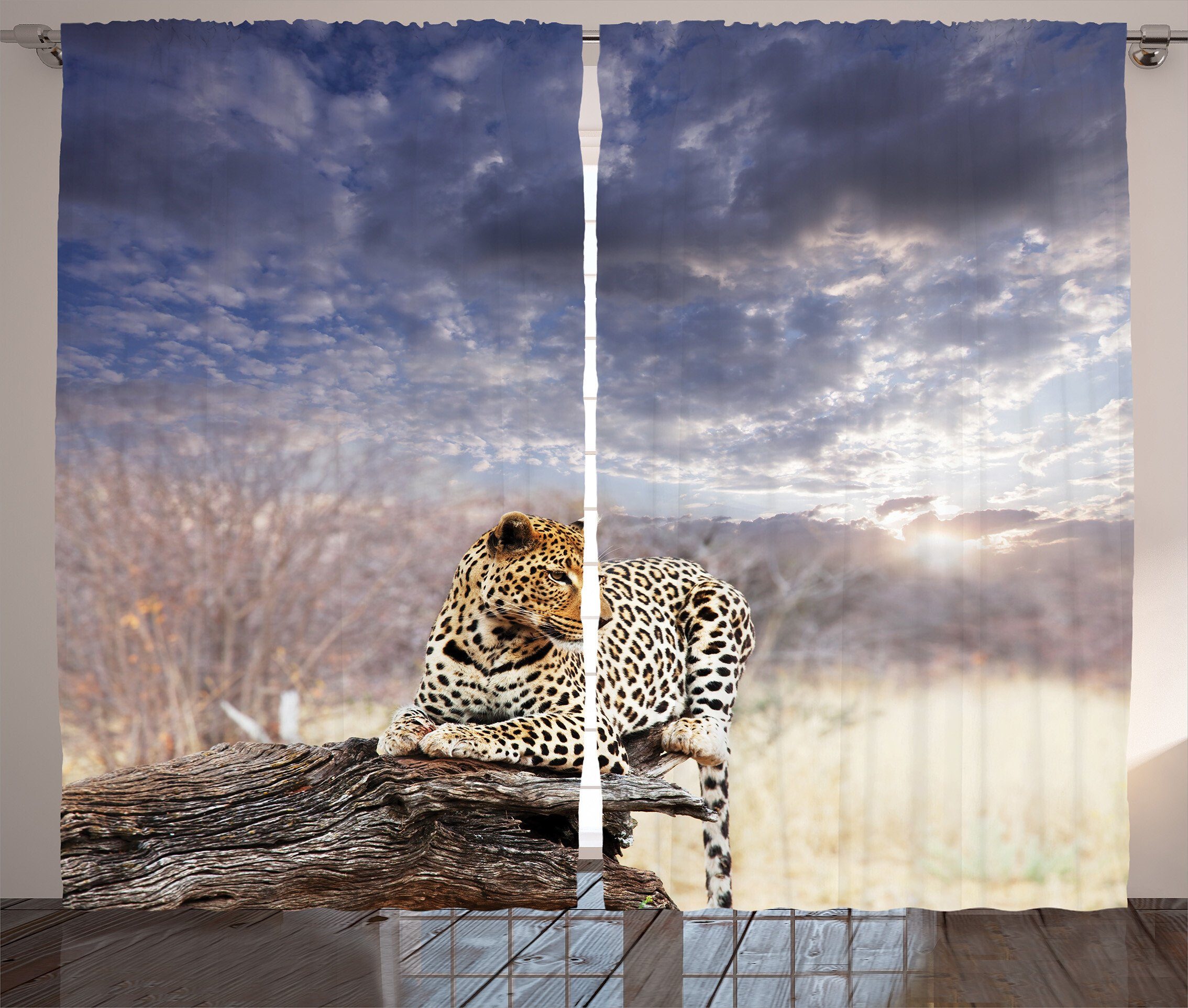 Gardine Szene Schlaufen Safari Wolkengebilde Abakuhaus, Haken, mit Schlafzimmer Vorhang und Sonnenuntergang Kräuselband