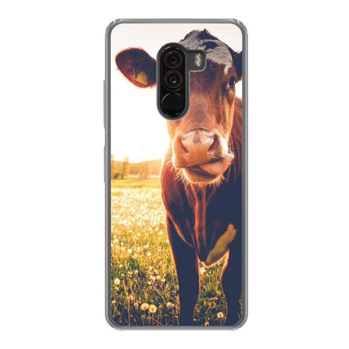 MuchoWow Handyhülle Kuh - Sonnenuntergang - Blumen - Gras - Tiere Phone Case Handyhülle Xiaomi Pocophone F1 Silikon Schutzhülle