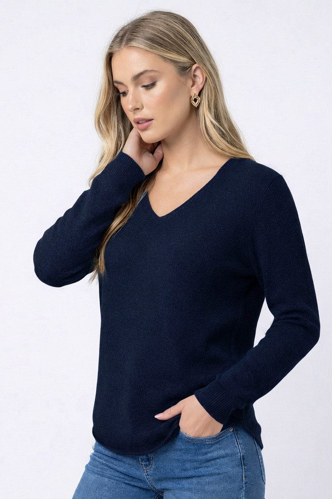 Kendindza Collection V-Ausschnitt-Pullover Damen Strickpullover V-Ausschnitt Feinstrick Basic Sweater Langarm Made in Italy - Weicher Viskose-Wolle Mix - One Size (34-36-38-40)