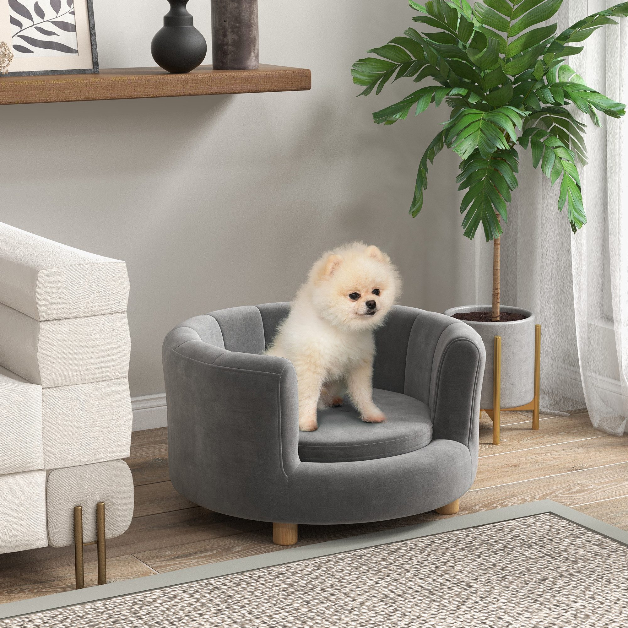 PawHut Tierbett Hundesofa, Hundecouch mit waschbarer Bezug, Rückenlehne, Polyester, für kleine Hunde unter 4,5 kg, Grau