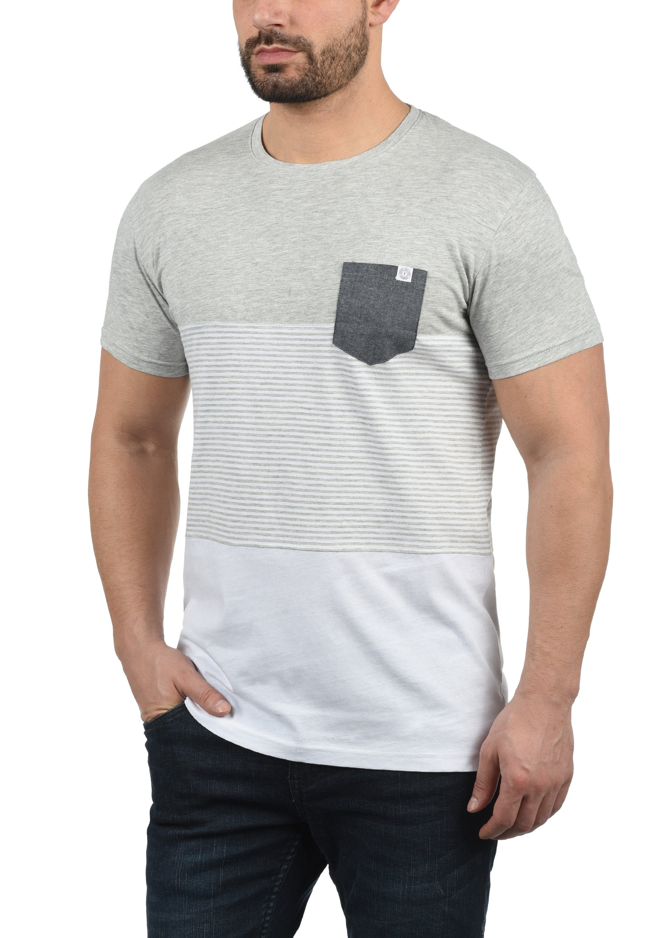 Solid Rundhalsshirt (8242) Grey Kurzarmshirt mit Streifen SDMalte Melange Brusttasche und Light