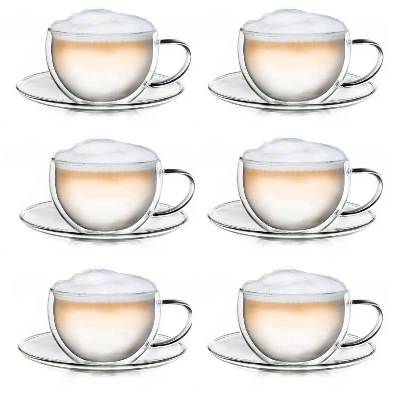Creano Teeglas Thermo-Tasse doppelwandige Tee-Tasse mit Untersetzer 250ml, 6er Set