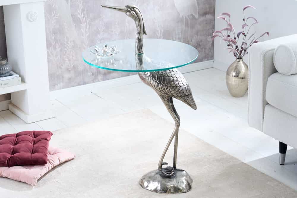 riess-ambiente Beistelltisch WILDLIFE HERON 90cm silber / transparent (Einzelartikel, 1-St), Wohnzimmer · Glas · Metall · rund · Skulptur · Urban Jungle · Design