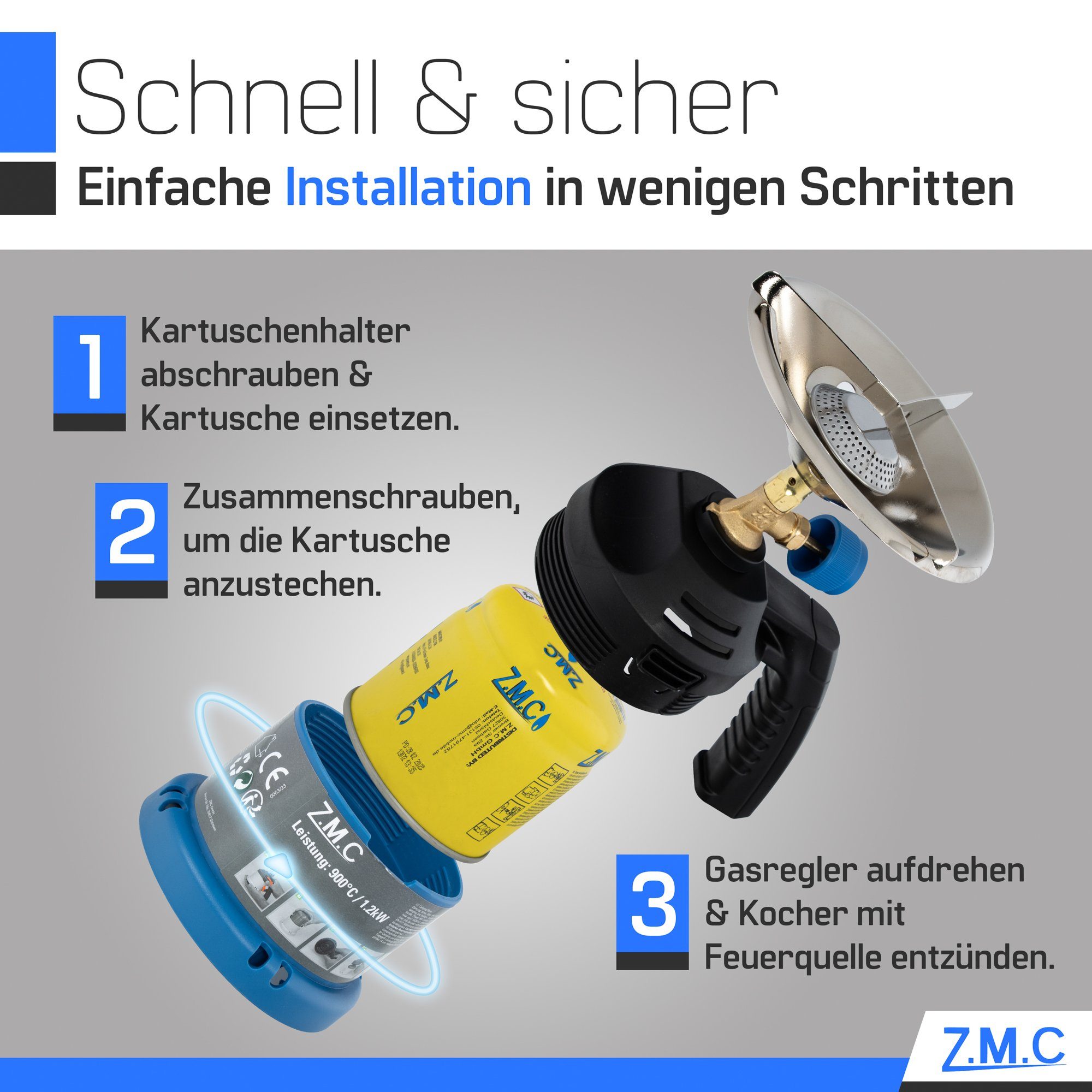 für Kochfeld Gaskocher Indoor/Outdoor, ZMC Outdoor, Kohleanzünder 190g, Stechkartusche 1,2KW Gaskocher Herd 4x C (Kartuschenkocher Campingkocher Wandern), Leistung: Camping, mit 900 + Geeignet Griff Gaskartuschen Indoor, Tragbare