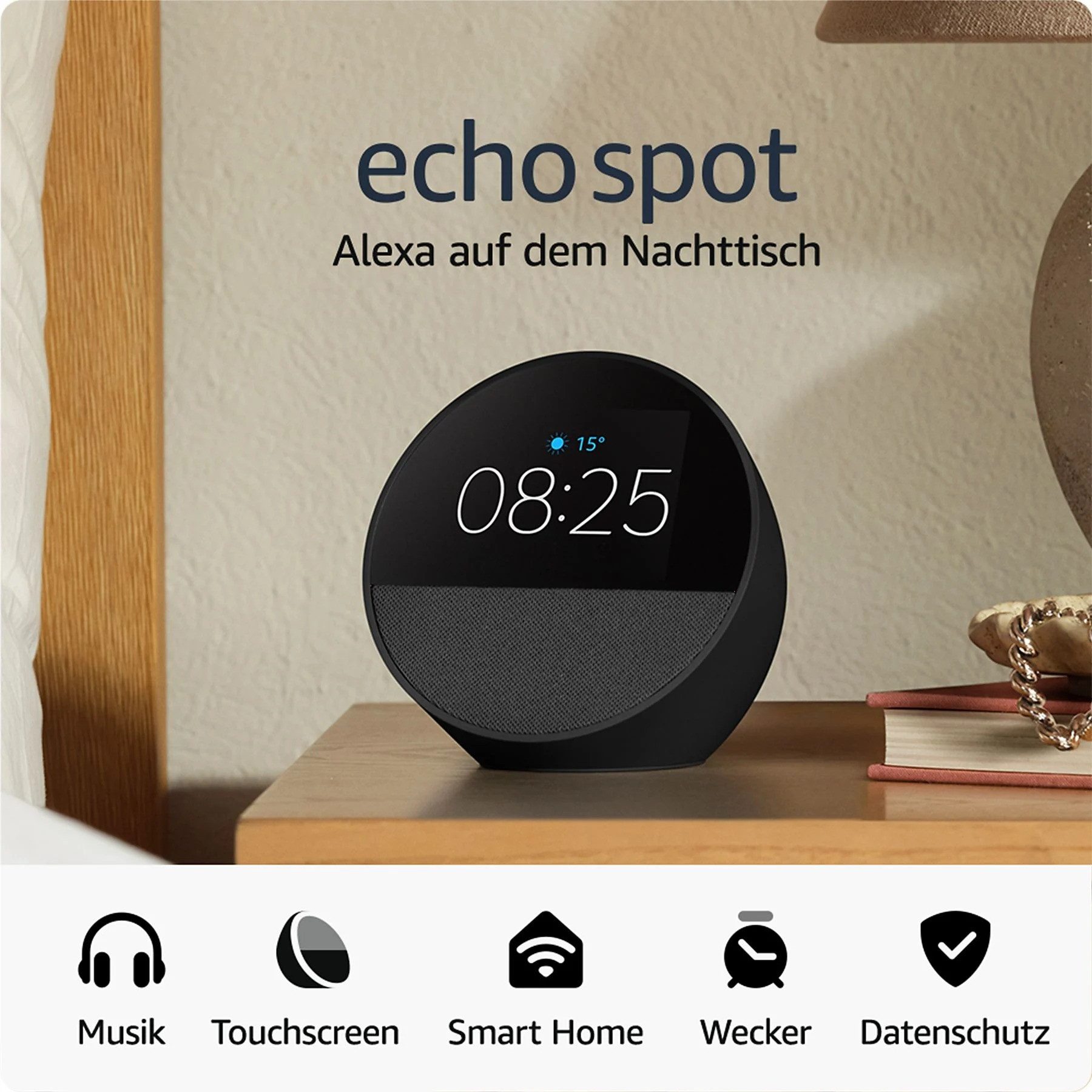Amazon Echo Spot (2024) Intelligenter Alexa Gerät Wecker Wireless Lautsprecher (WLAN (WiFi), Sprachsteuerung, Smart Home Hub)