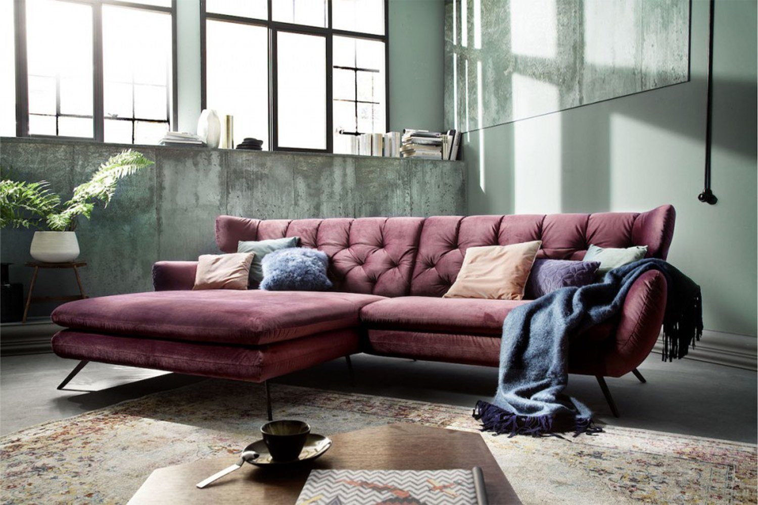 KAWOLA Ecksofa CHARME, Velvet Longchair purple Sofa, rechts, od. links