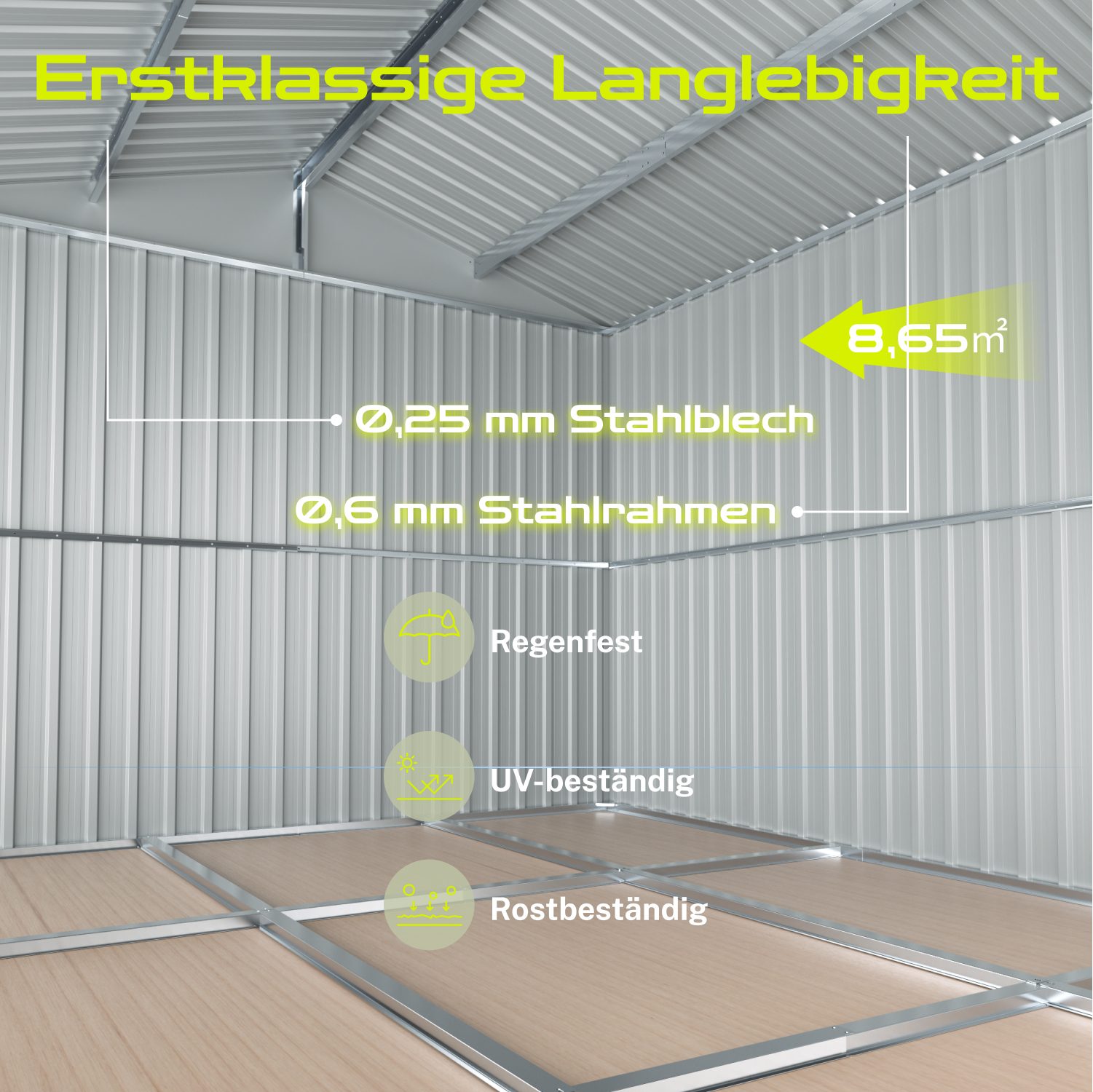 HOMAVO Gerätehaus mit Pultdach, Gartenhaus Metall mit Fundament, mehrere Größen zur Auswahl, mit Belüftungsöffnungen – Bild 2 von 5