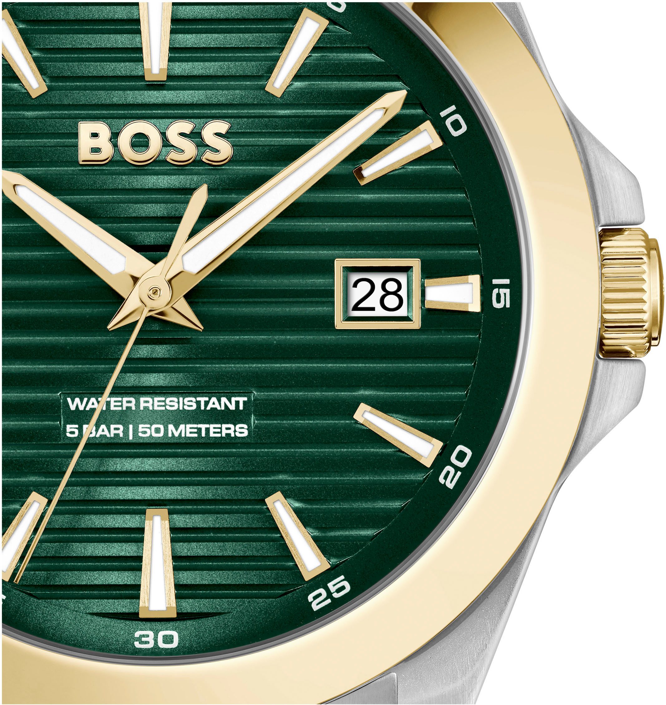 BOSS Quarzuhr STRIKE 1514173, Armbanduhr, Damenuhr, Herrenuhr, Edelstahlarmband, analog, Tag