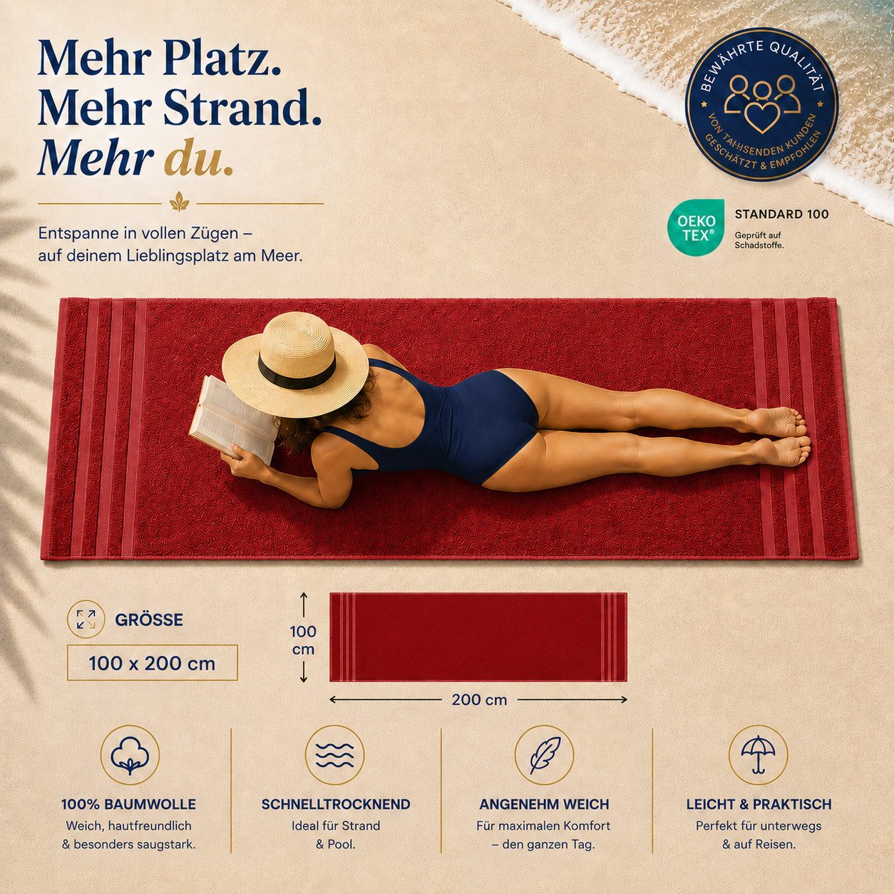 Komfortec Saunatuch 100x200 Extra Große XXL Premium Saunatuch, Unifarben (1-St), extra Große XXL, Schnelltrocknend, Frottee, Weich, Baumwolle