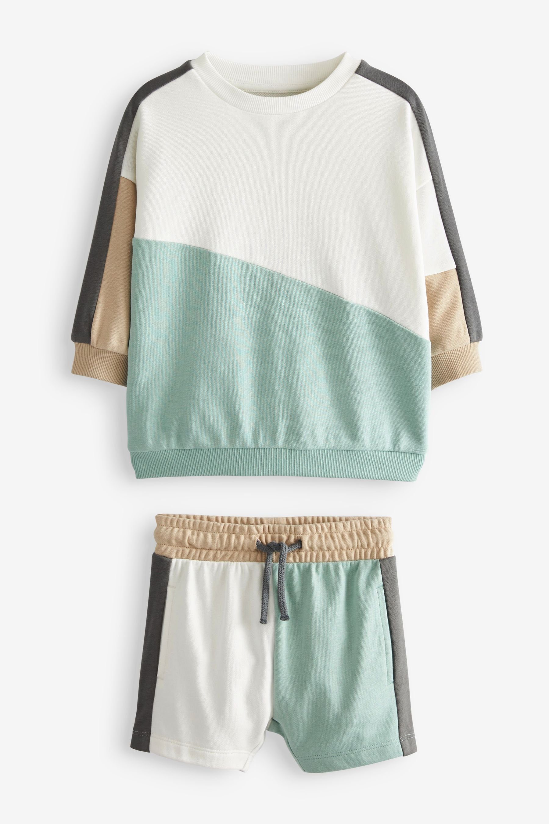 im (2-tlg) Sweatanzug Shorts green/White und Blockfarben-Sweatshirt Next Mineral Set