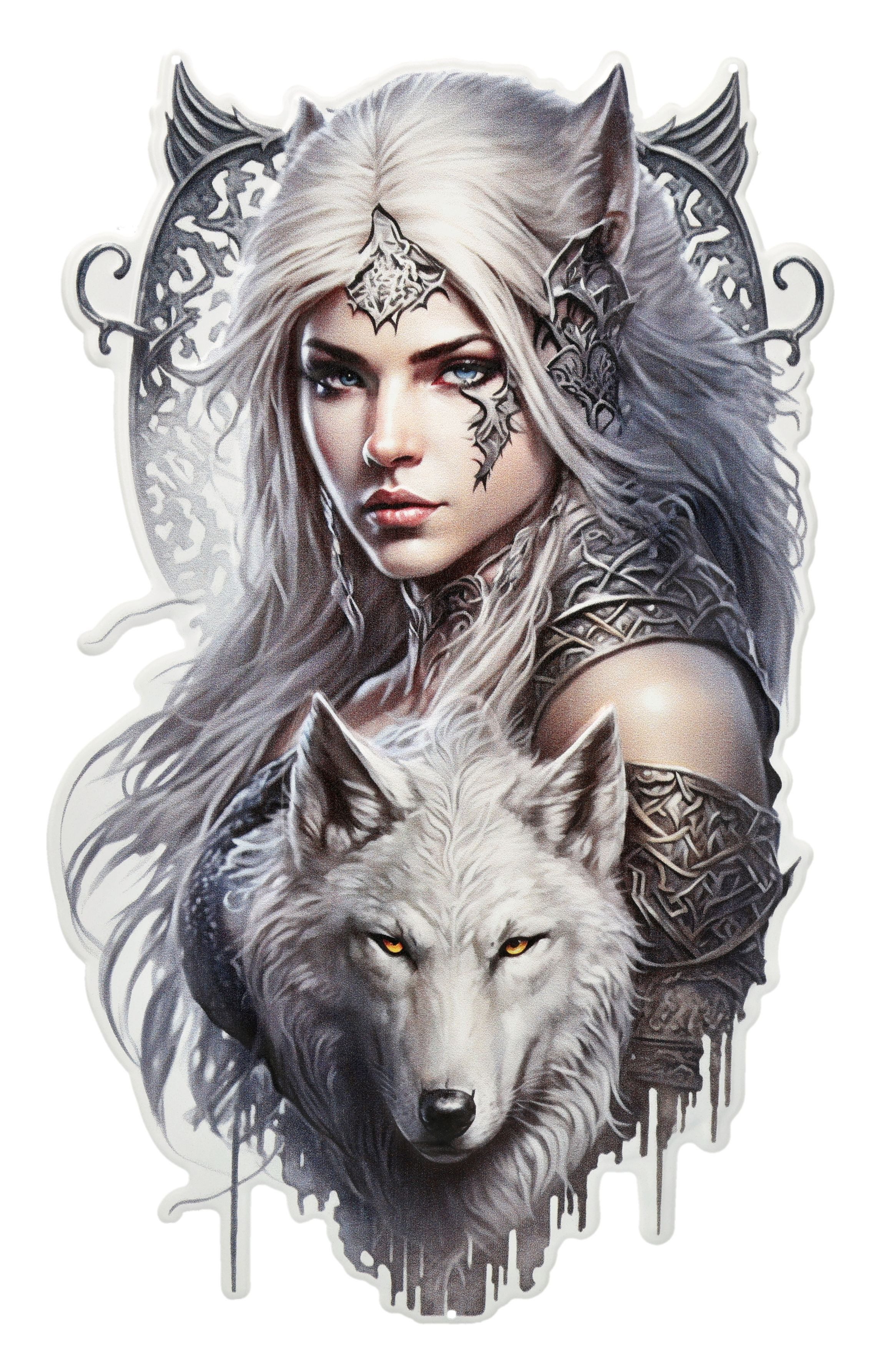 Figuren Shop GmbH Wanddekoobjekt Elfenkriegerin Metallschild – Fantasy Wanddeko mit Weißem Wolf 47 cm