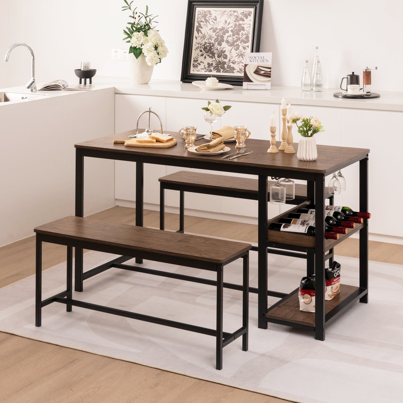 COSTWAY Esstisch (3St), mit 2 Bänken, Glashalter, Weinregal & Ablage