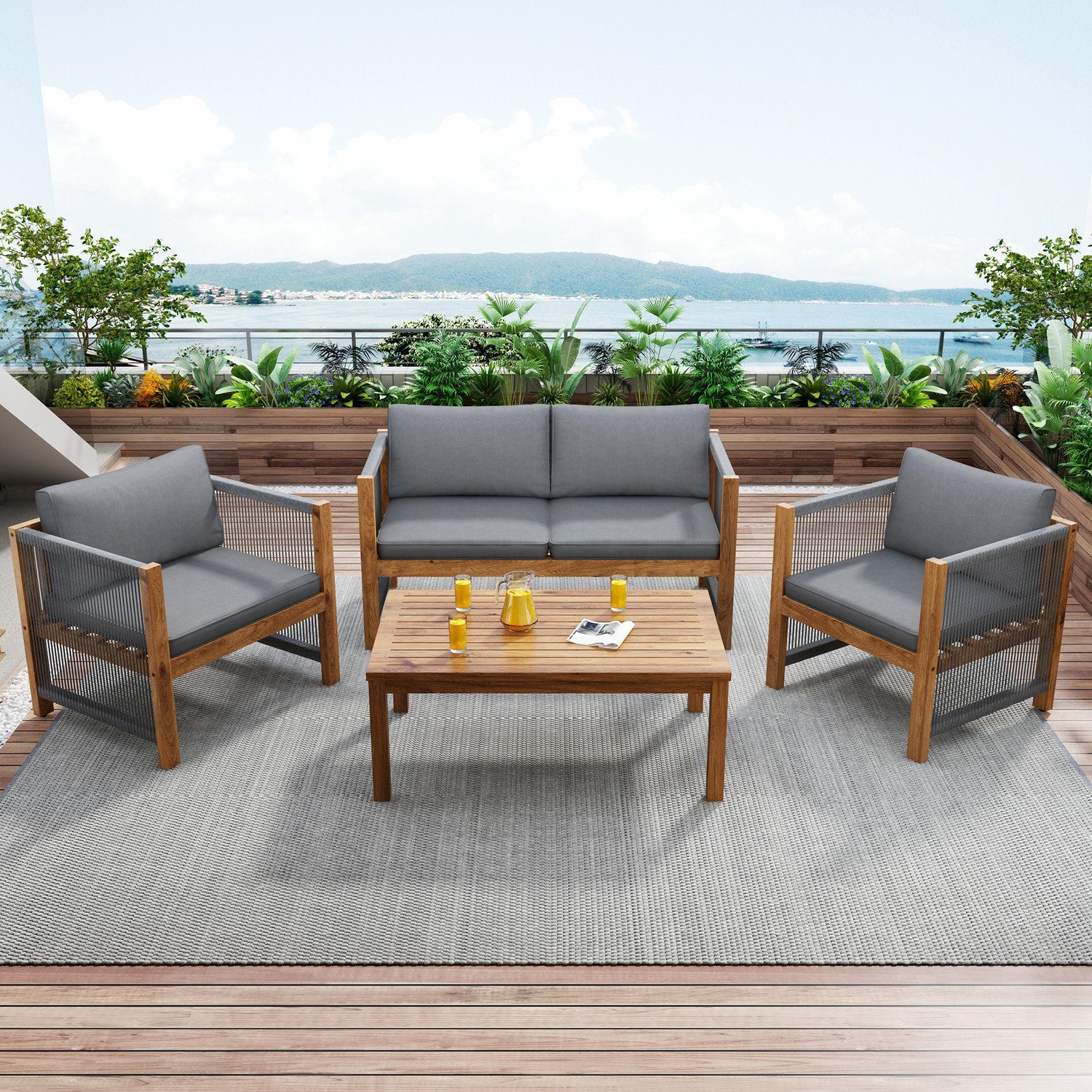 Gartenlounge-Set, (Gartenmöbel Set, 4-tlg), Sitzgruppe für 4 Personen, mit bequemem Kissen