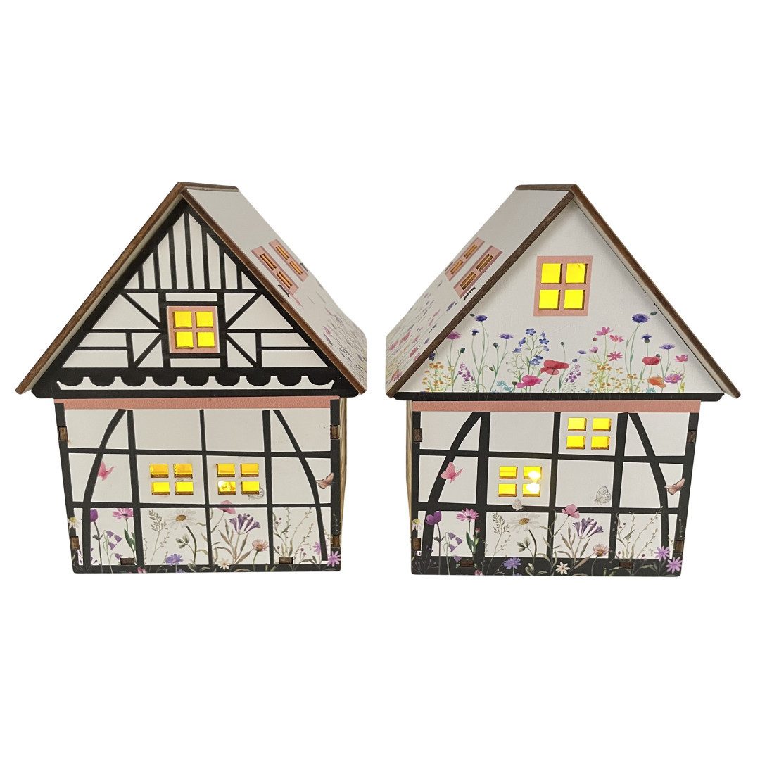 abc HOME Dekofigur LED Dekohäuser 2er Set Holz – Blumenwiese & Fachwerk – warmweiß