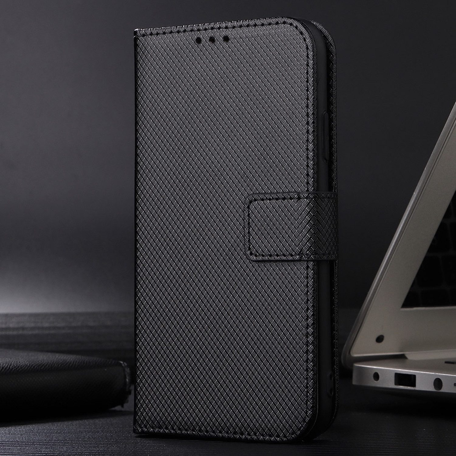 Wigento Smartphone-Hülle Für ZTE Blade A75 4G Book Wallet Kunstleder Hülle Tasche Schwarz, Diamantstruktur Kunstleder Hülle mit Kartenfächern und Standfunktion