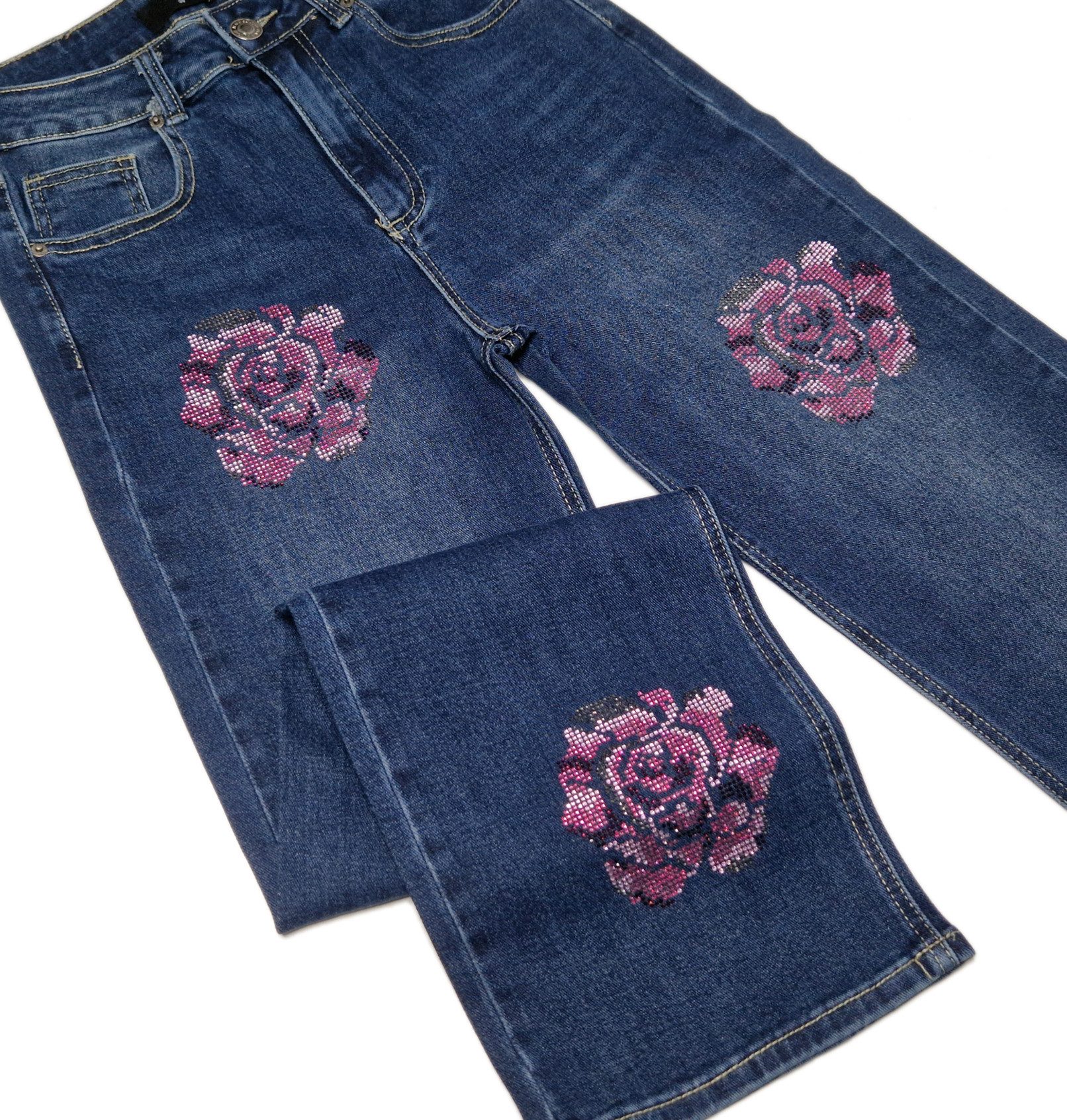 Weite Jeans Damen Jeans Weitem Bein High Waist Weite Palazzo Jeans mit Rosen-Motiv