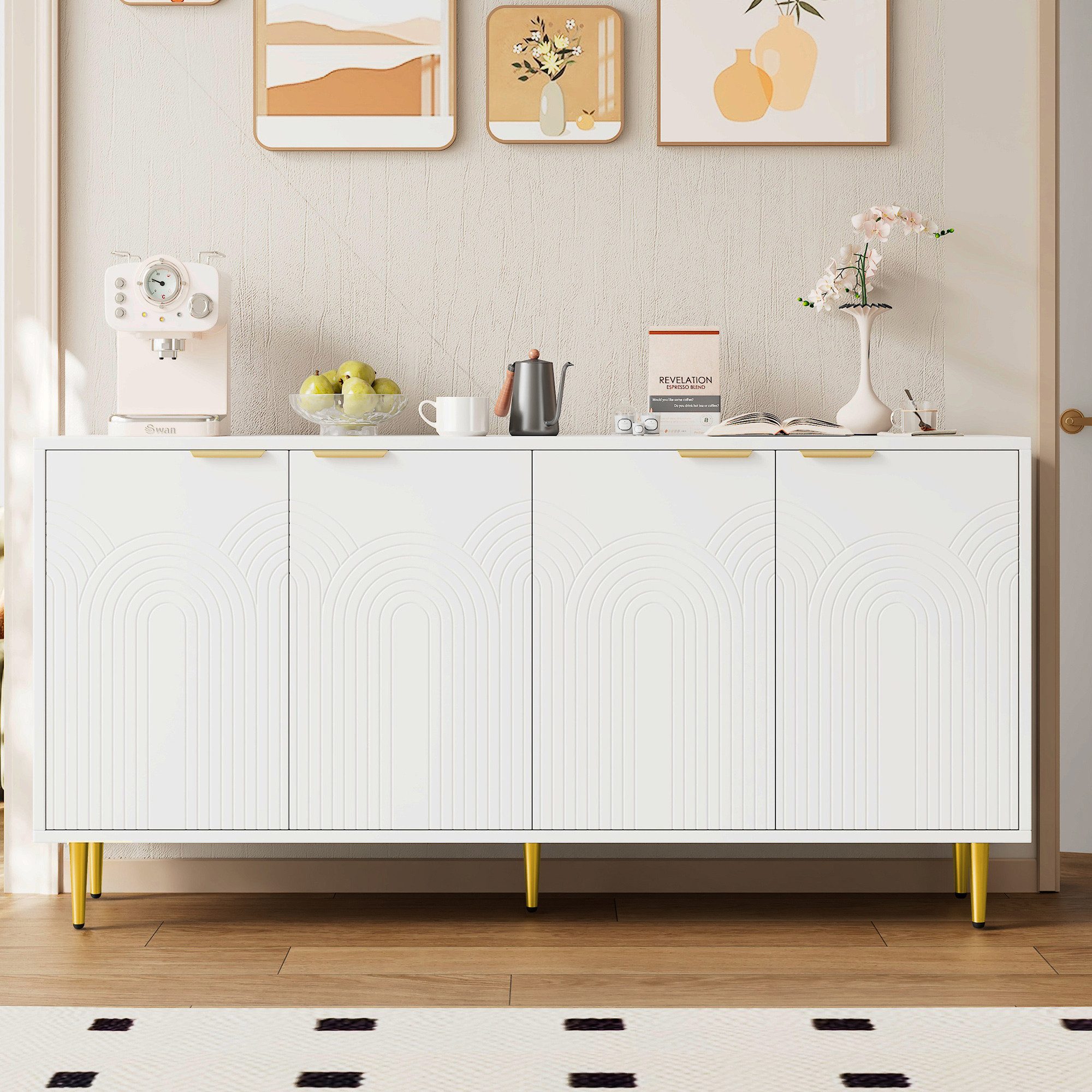 Flieks Sideboard mit 4 Türen, goldenen Metallgriffen und Metallbeinen (B160/T40/H80 cm, 1 St., Holzschrank für Wohnzimmer, Esszimmer, Schlafzimmer, Flur), Mehrzweckschrank mit verstellbare Einlegeböden Komodenschrank Weiß