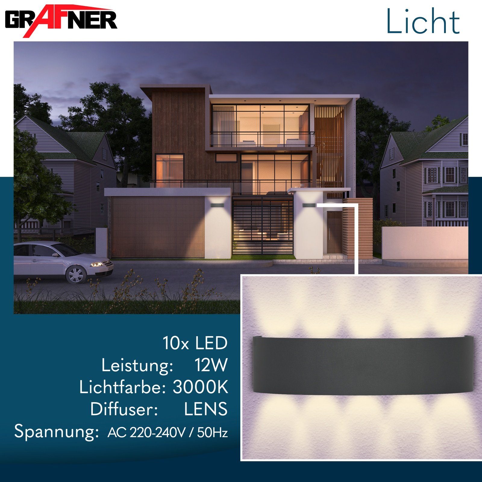 LED Modern, Down Grafner LED Wandlampe Außenleuchte Innenleuchte Wandleuchte Up LED fest Wandlampe integriert, LED Tageslichtweiß, Aluminium