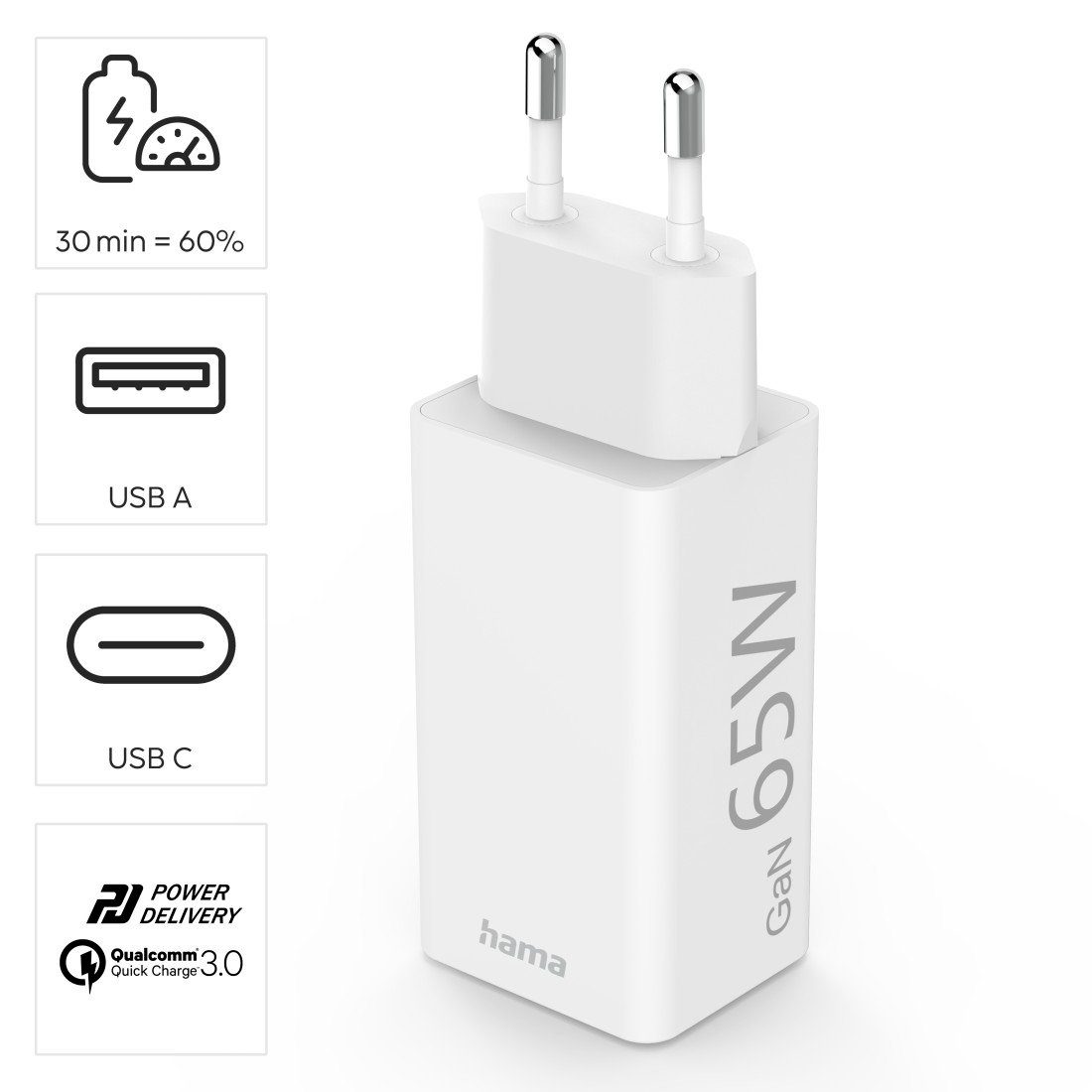 USB Ladegerät 2 Hama Quick C Delivery+USB Power Watt USB-Ladegerät 65 A GaN Charge Port