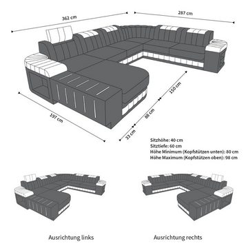 Sofa Dreams Wohnlandschaft Ledersofa Bellagio XXL U Form Ledercouch Sofa Leder, Couch, mit LED, wahlweise mit Bettfunktion als Schlafsofa, Designersofa