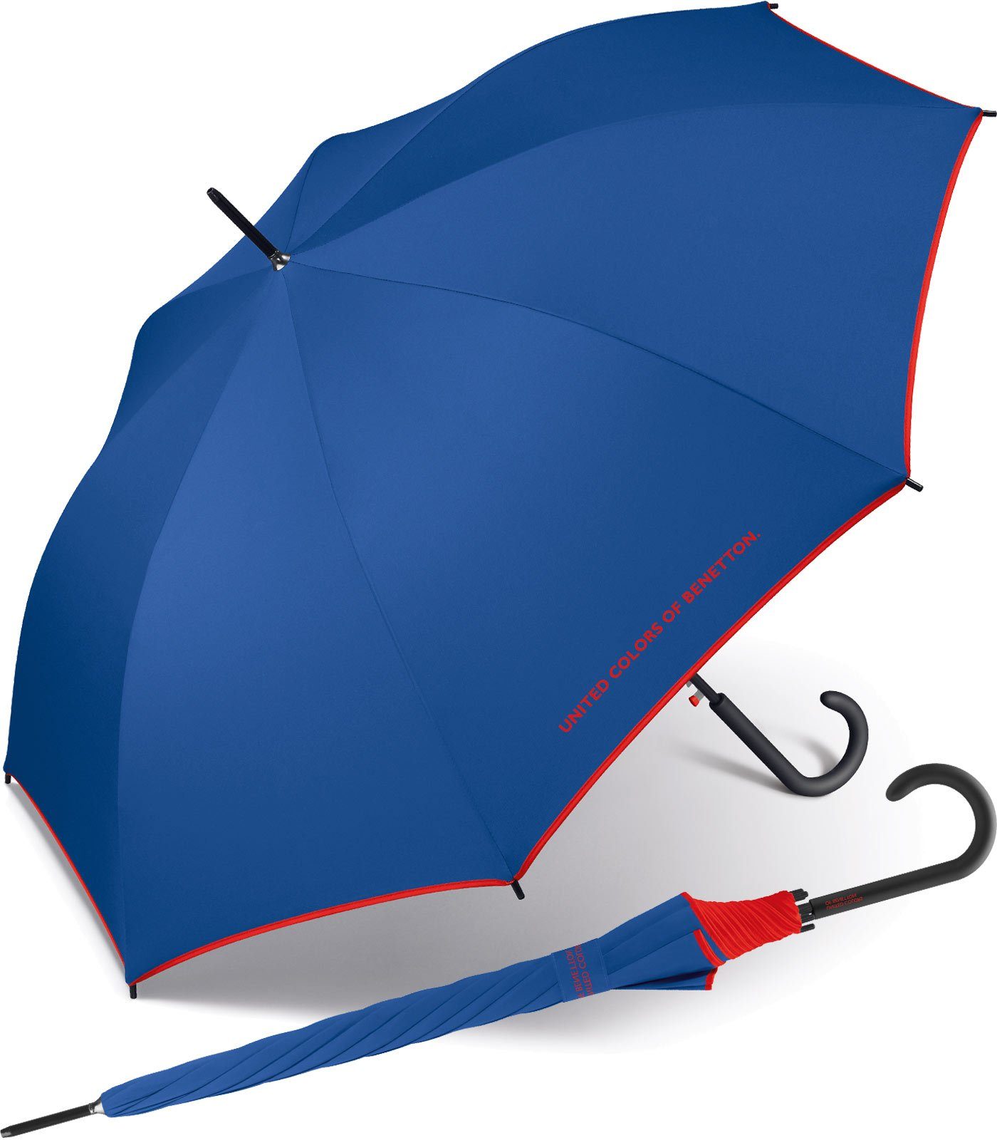 United Colors of Benetton Langregenschirm großer Regenschirm mit Auf-Automatik und Logo, einfarbig mit Kontrastfarben am Schirmrand blau