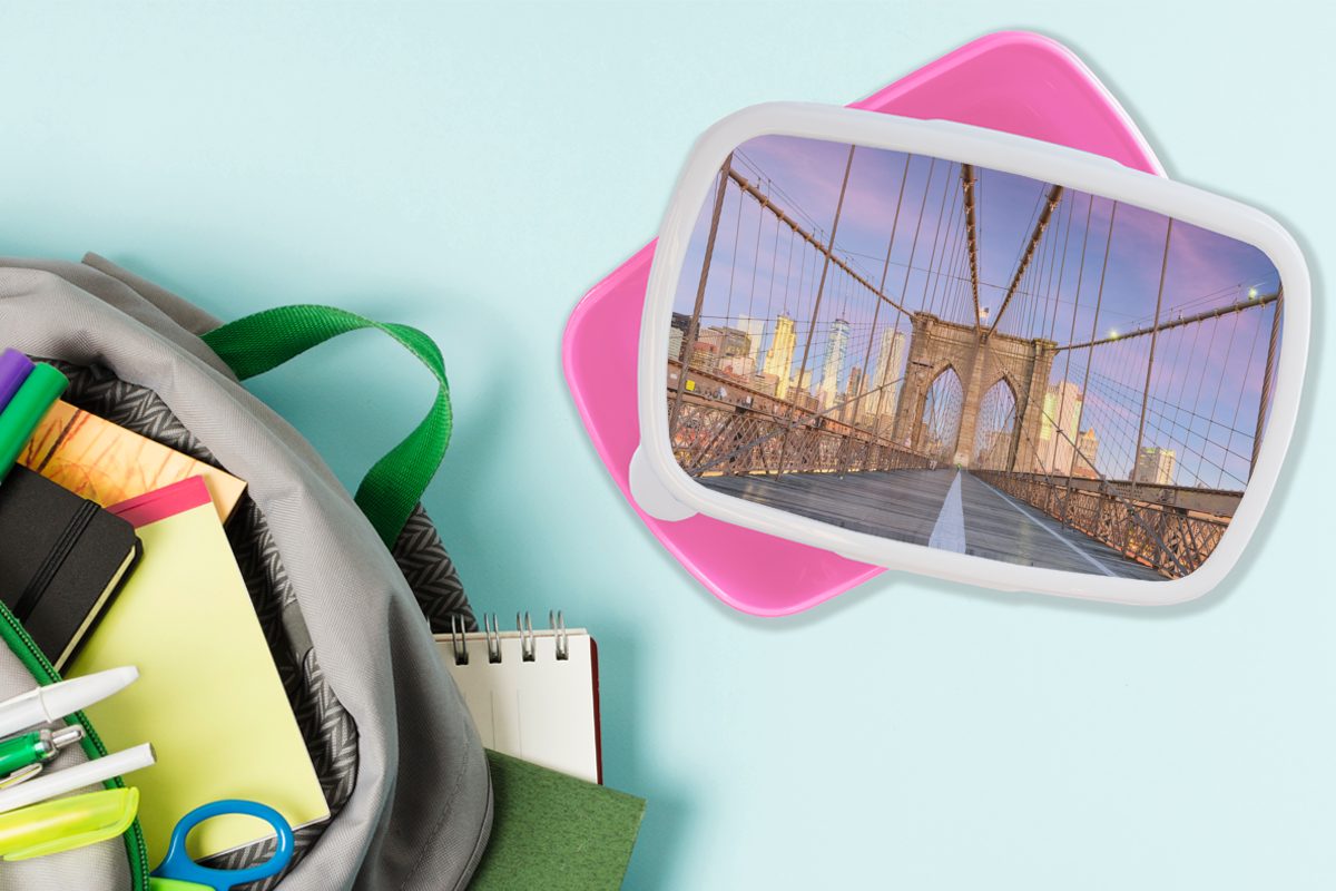 Kinder, Lunchbox Kunststoff, Kunststoff Brooklyn (2-tlg), - für Snackbox, Brotdose Sonnenuntergang New York Brotbox Mädchen, Bridge, MuchoWow Erwachsene, rosa -