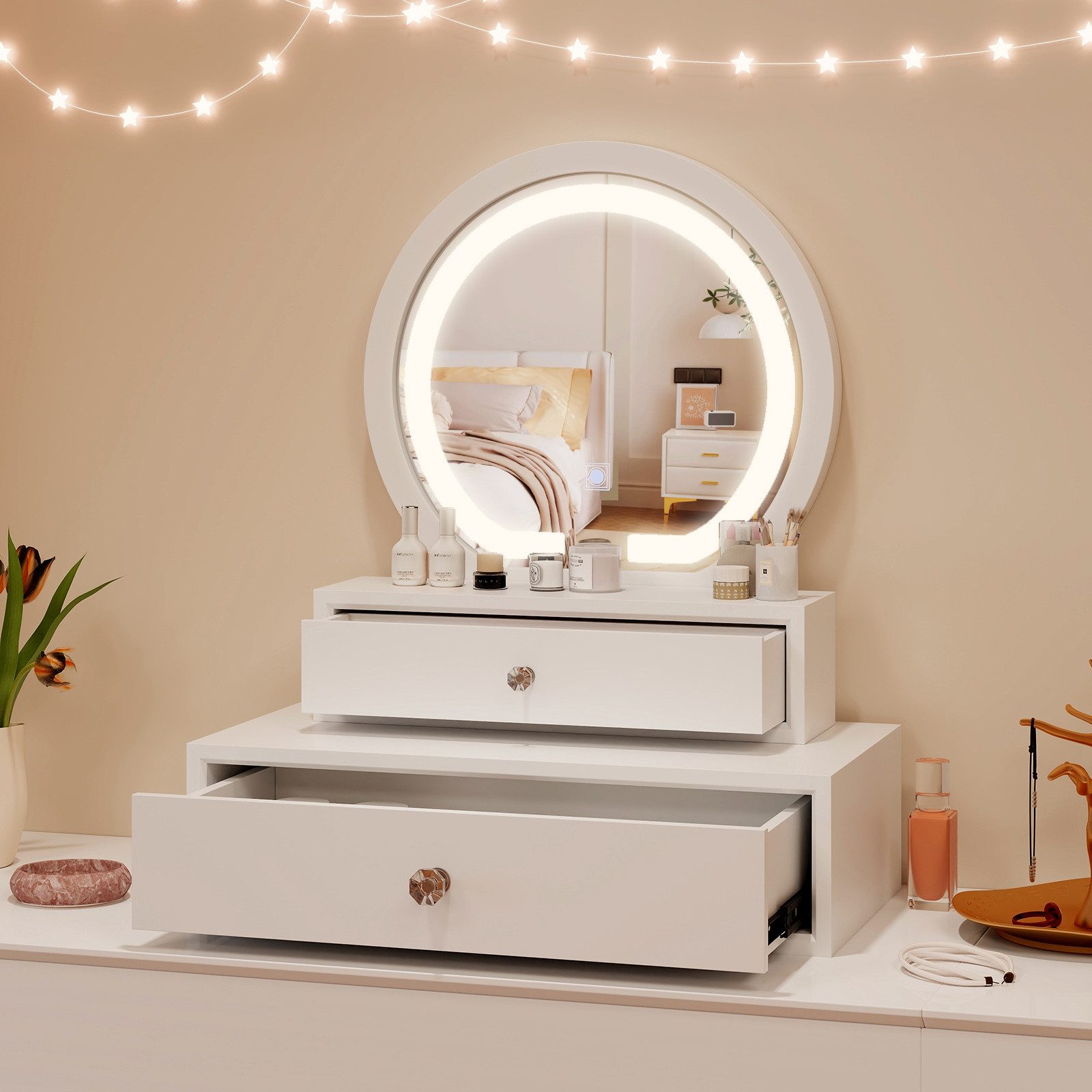 COSTWAY Schminkspiegel Tischspiegel mit LED, 3 Farbe, mit 2 Schubladen, wei günstig online kaufen
