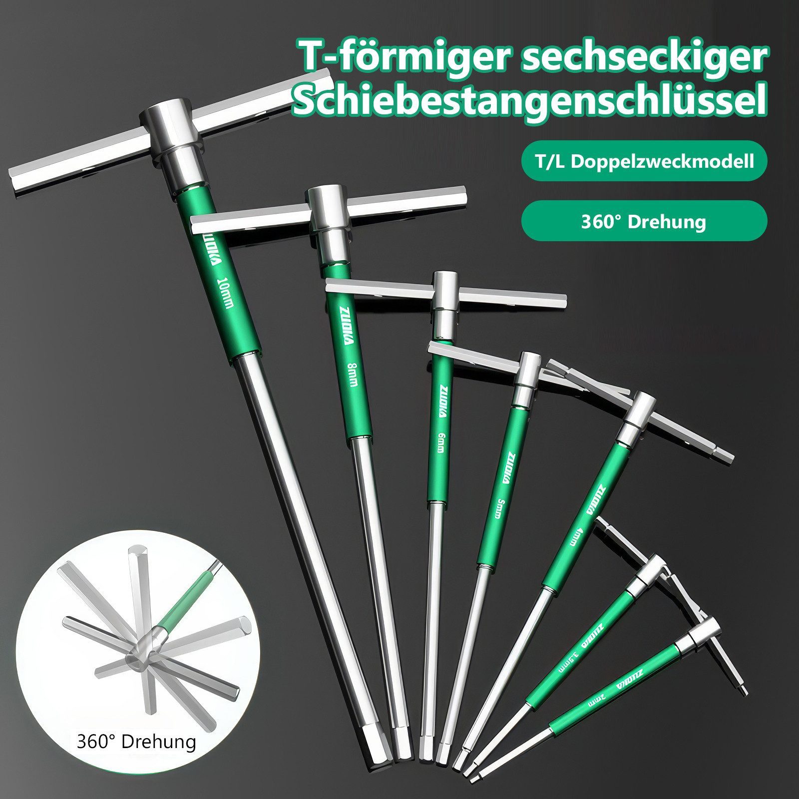 BlingBin Innensechskantschlüssel Stahl Sechseckiger Schraubenschlüssel Set 10 Stück T Stange L Form (10er Set, 10 St., 2-10mm), 360 ​​° Drehung Tragbarer Schieberballenschlüssel