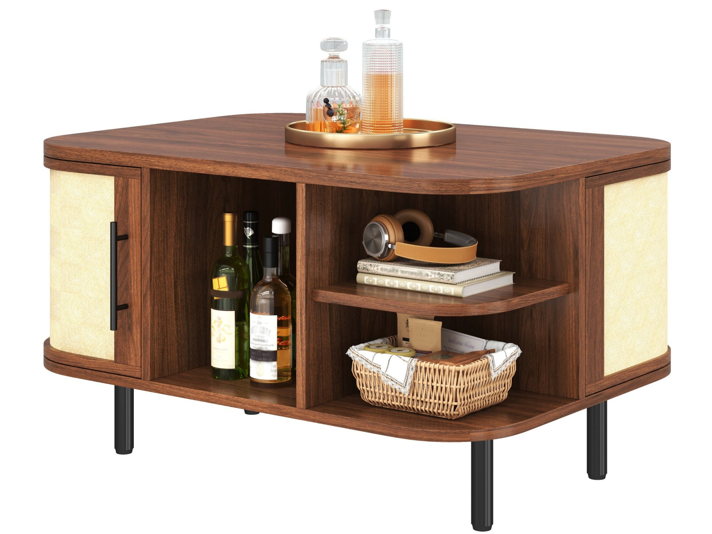 SeedWave Couchtisch Sofatisch mit Geflechtoptik und beidseitigem Stauraum (1 Tisch), Wohnzimmertisch in Holzoptik mit abgerundeter Platte und Metallbeinen