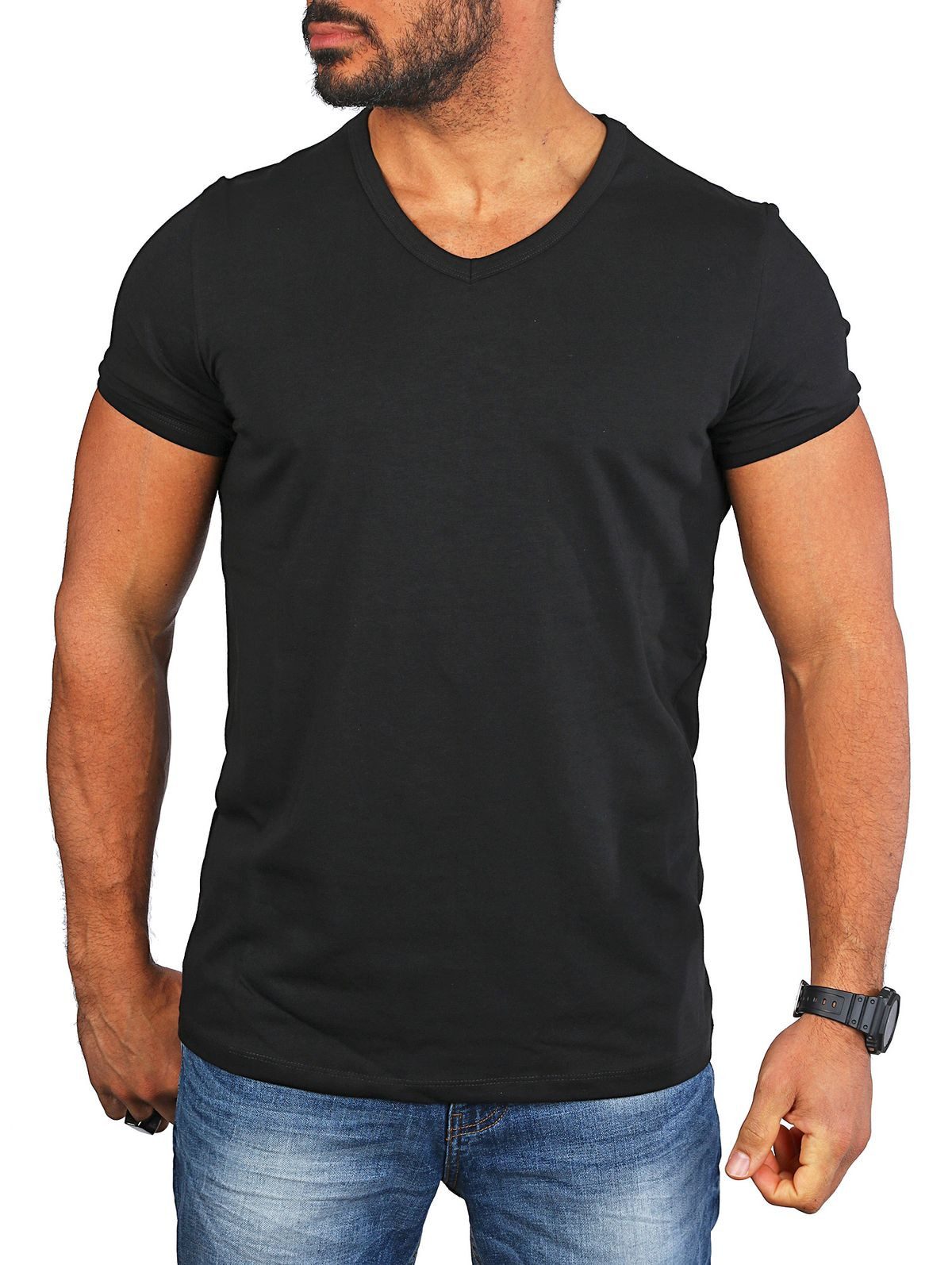 CARISMA T-Shirt Herren Uni Basic tief-breit geschnittener V-Ausschnitt v-neck 4644 V-Ausschnitt unifarben kurzarm slim fit