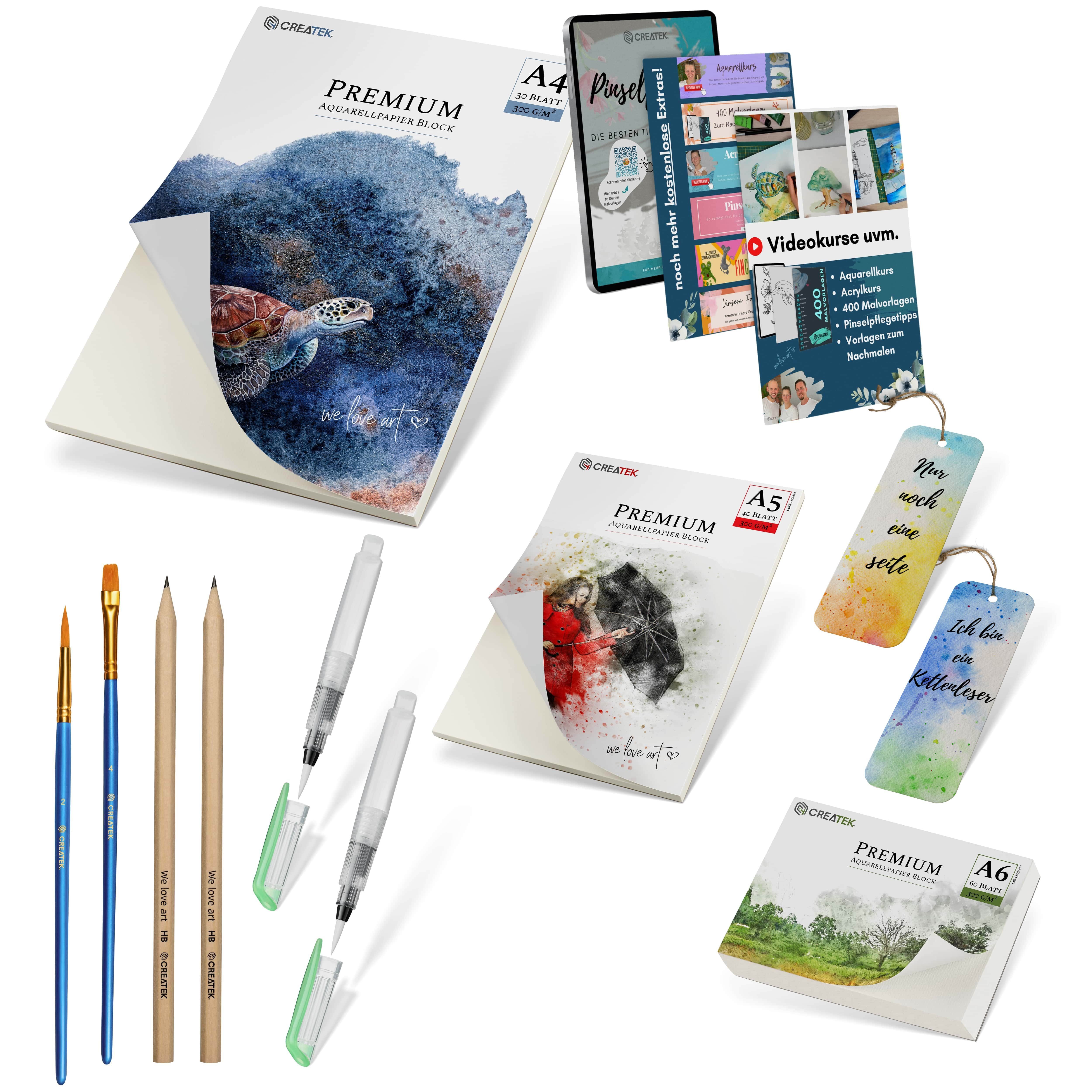 CreaTek Aquarellpapier 300g im Set je 1x A4+A5+A6 Profi Aquarell Papier & viel Zubehör