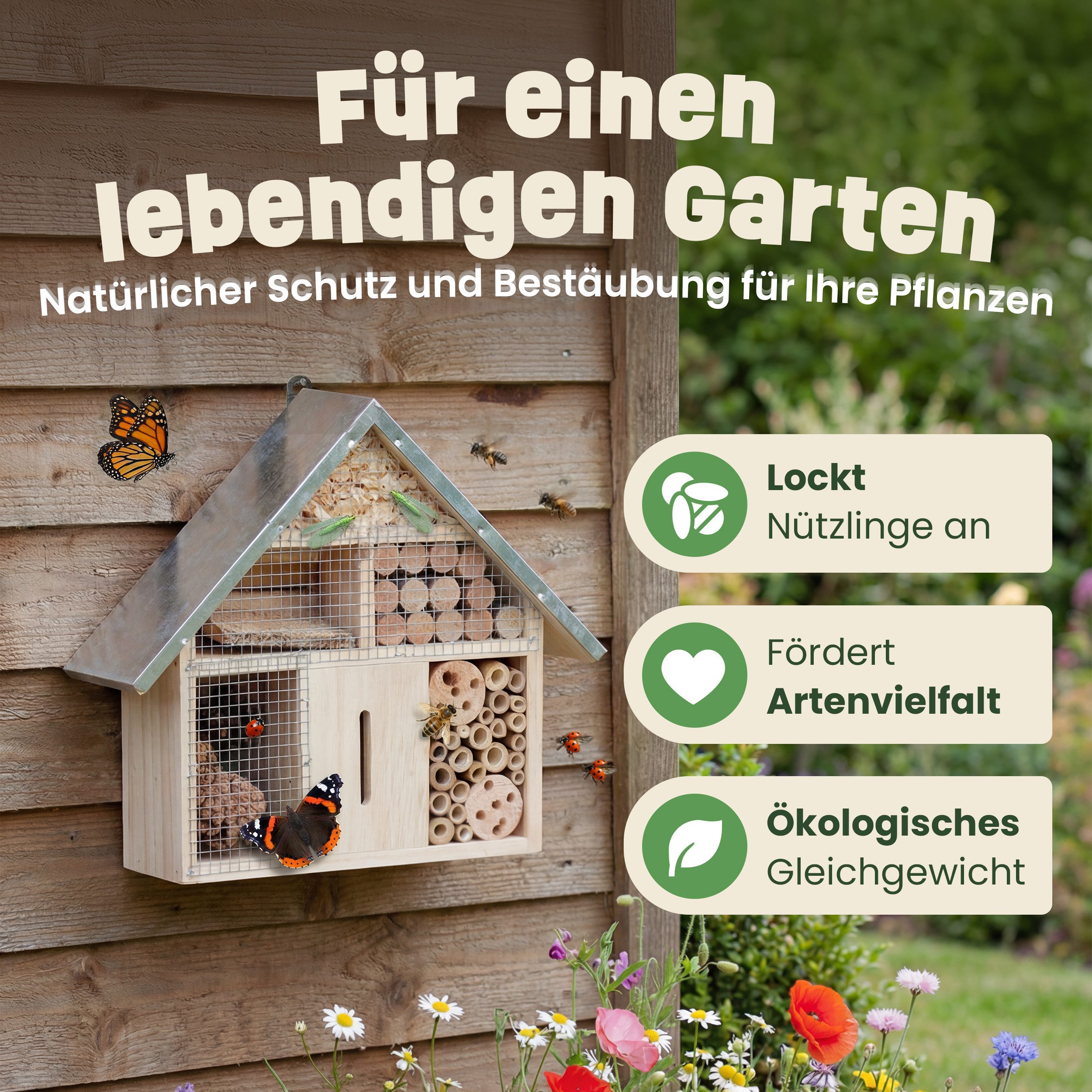 Zooprinz Insektenhotel Insektenhaus mit Aufhängung XXL Vollholz mit Blechdach, Bambus, Tannenzapfen, Holz mit Löchern, Holzspäne, Holzschlitz