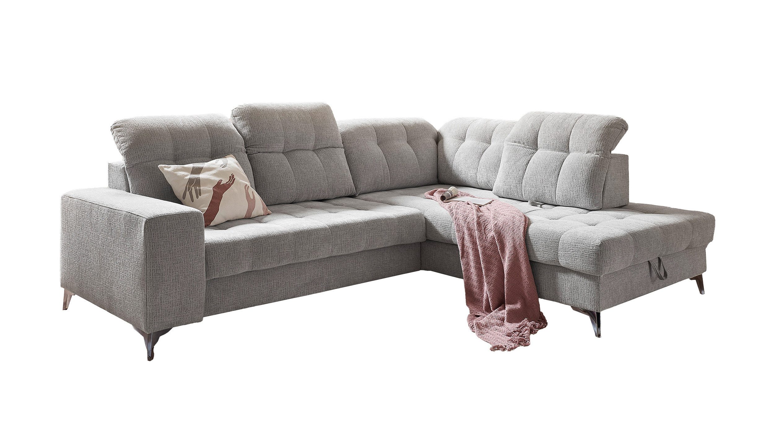 Massivart® Ecksofa Chenille hellgrau 289 cm / Nosagfederung / Bettkasten / VARADERO, elektr. Sitztiefenverstellung · frei im Raum stellbar