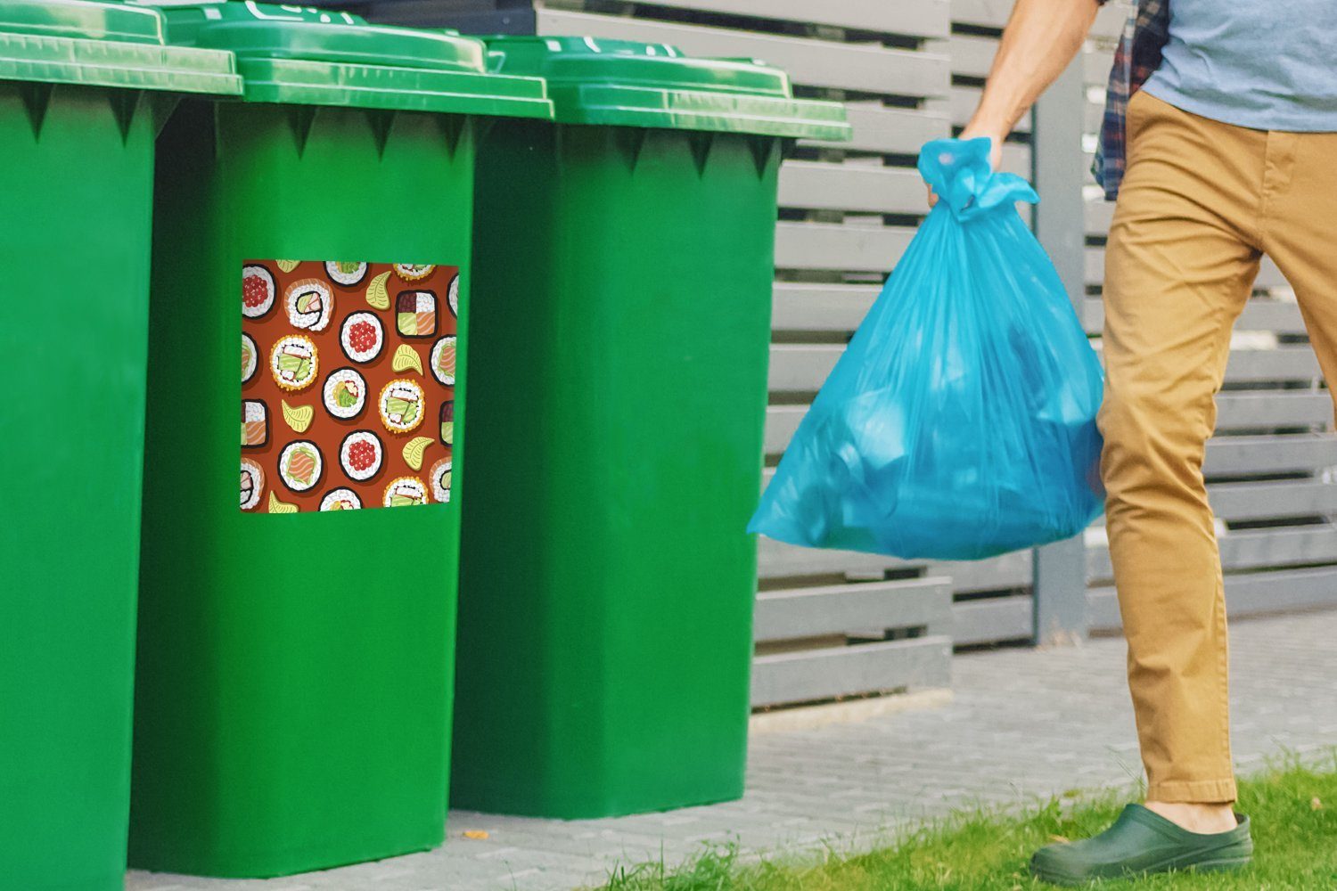MuchoWow Wandsticker Sushi-Illustration auf Sticker, Container, Mülltonne, Mülleimer-aufkleber, Abfalbehälter (1 St), Hintergrund braunem