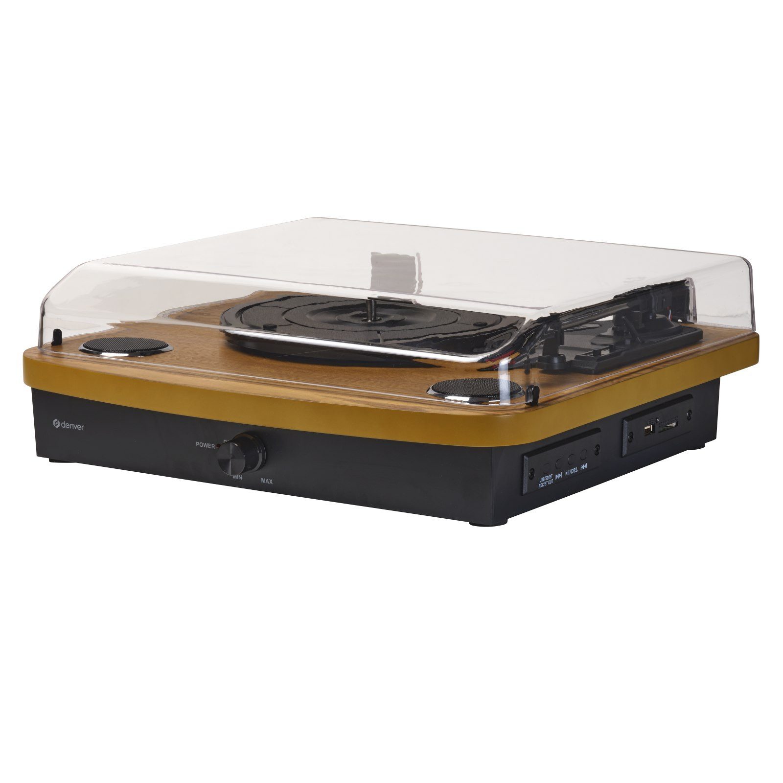 Denver VPL-230 Plattenspieler Bluetooth-Senden & -Empfang, USB & Lautsprecher Multifunktionsspieler (Riemen, Retro Vinyl, USB/SD MP3 Aufnahme, integrierte Lautsprecher, Dual BT)