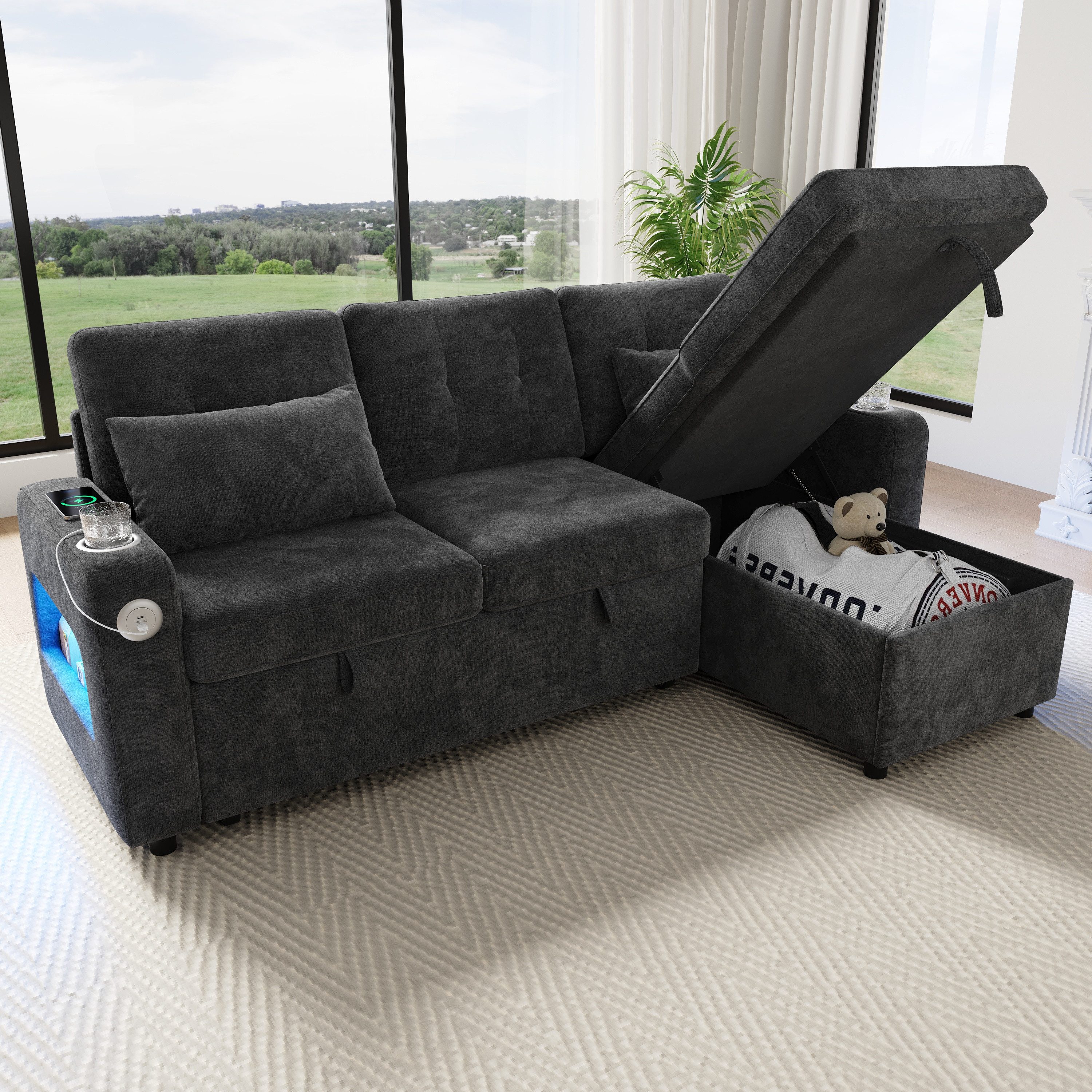 Merax Ecksofa mit LED‑Beleuchtung & USB, L-förmiges Sofa mit Schlaffunktion, multifunktionales Schlafsofa aus Chenille, für Wohnzimmer/Schlafzimmer 1 Teile, 3-Sitzer-Sofa mit Getränkehalter, Seitentaschen & verdeckten Stauraum