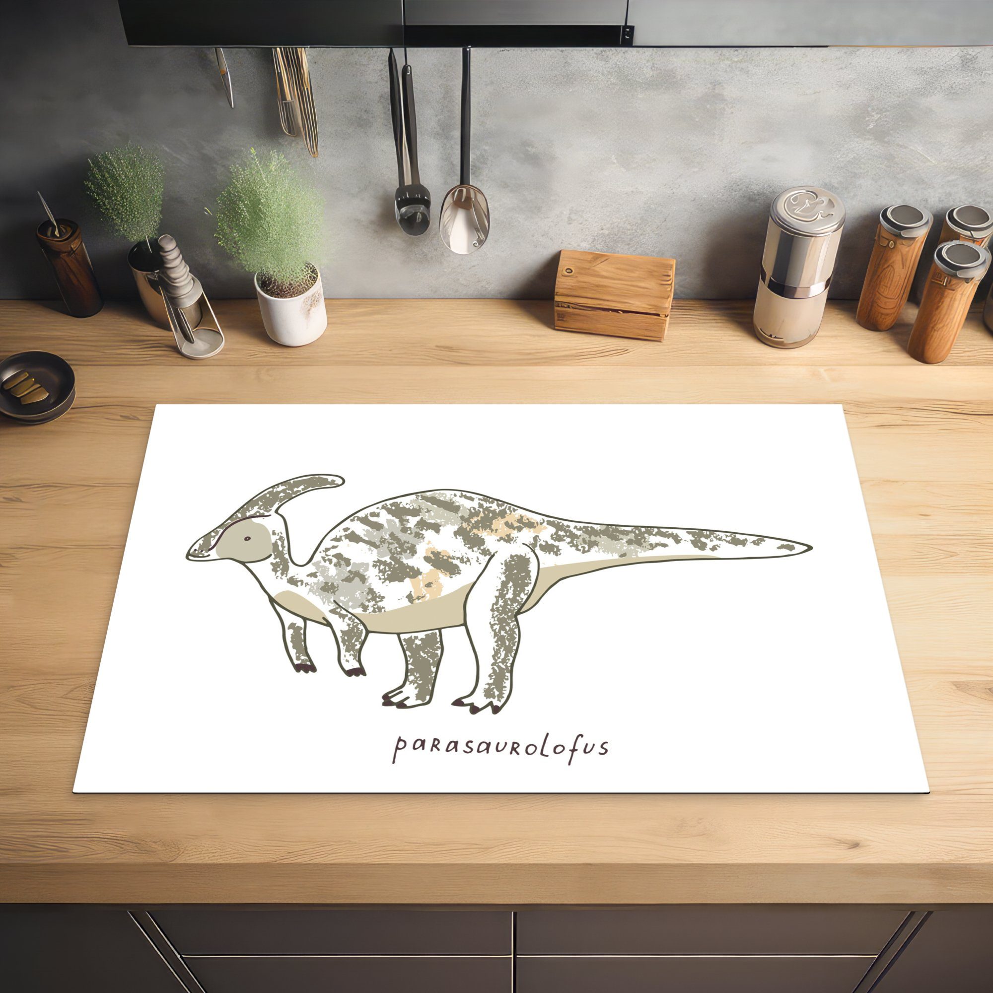 Mädchen für Vinyl, tlg), Schutz die küche, - Jungen MuchoWow Kind, Kinderzimmer - Parasaurolofus Dinosaurier cm, - - Herdblende-/Abdeckplatte Induktionskochfeld (1 Ceranfeldabdeckung 81x52 -