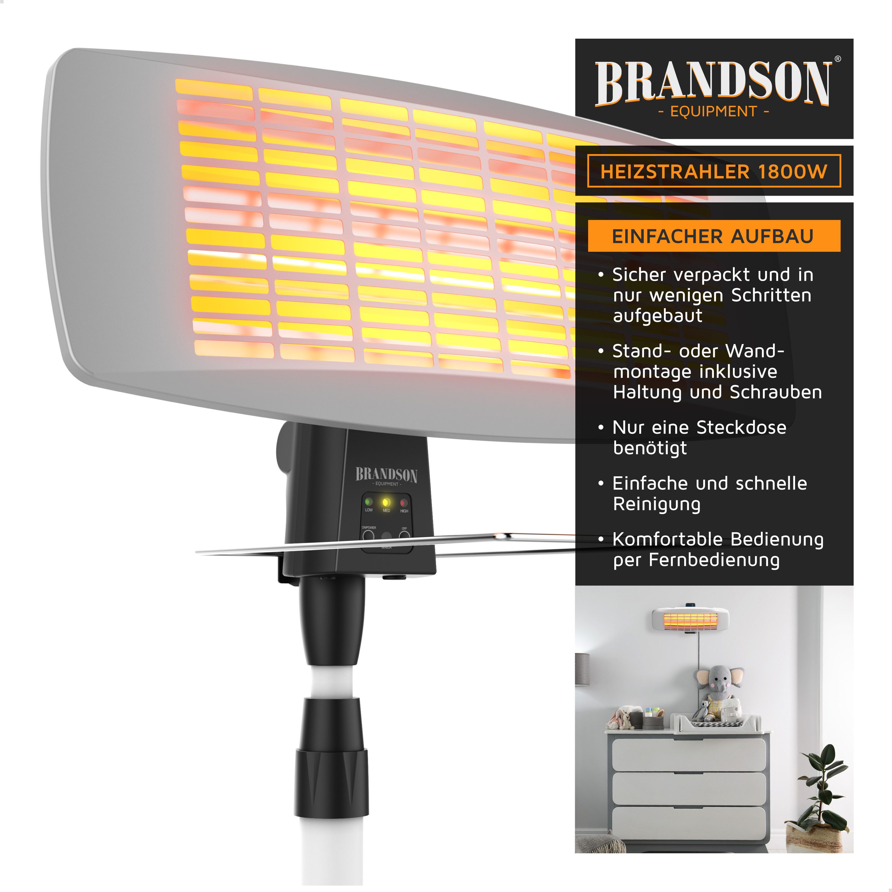 Brandson Infrarotstrahler Heizstrahler mit Fernbedienung & Wandhalterung, Terrassenheizstrahler, 1800 W, 3 Leistungsstufen Heizelemente, schwenkbar und höhenverstellbar