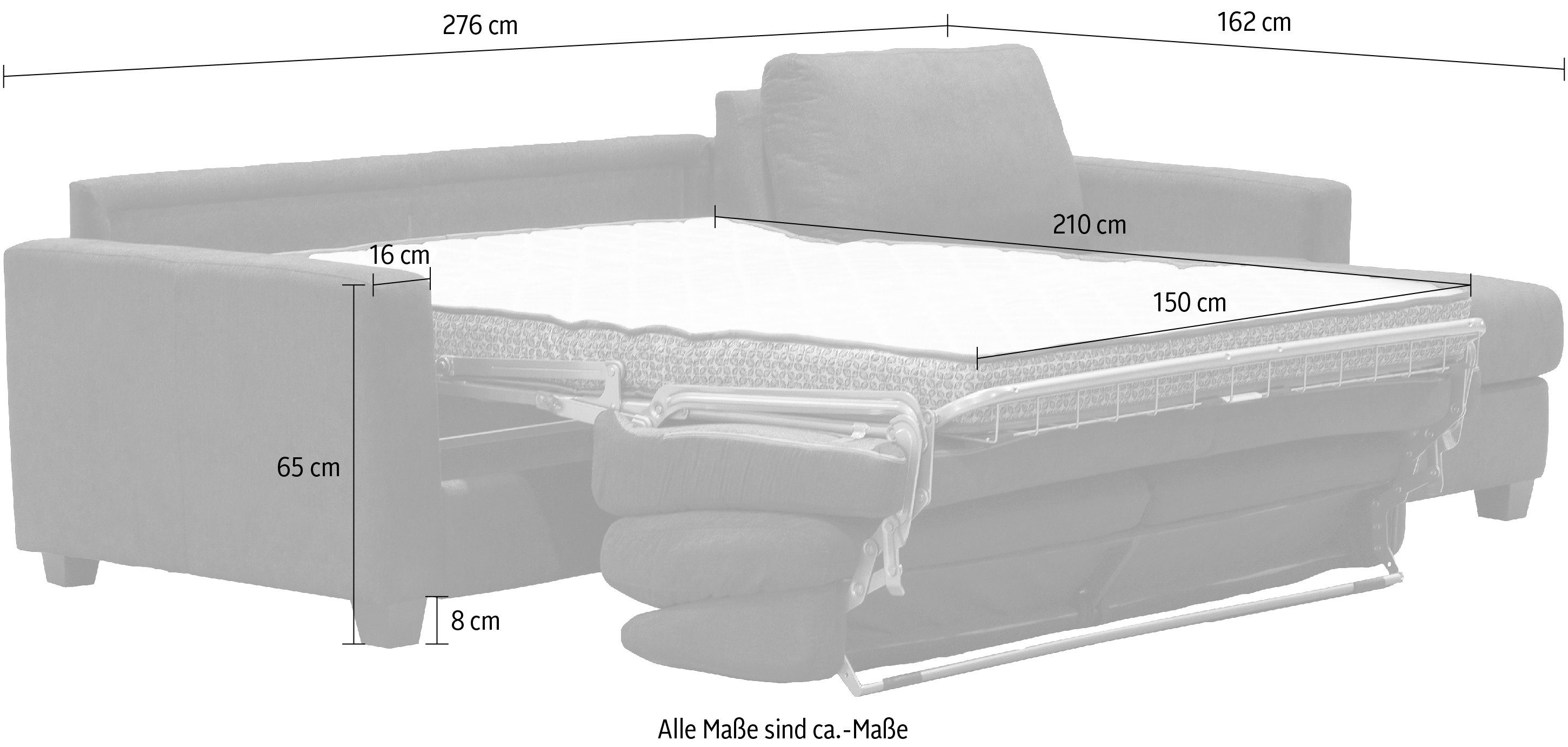 cm Italia mit Bettfunktion, Nias Ecksofa Liegefläche Metallgestell, Avellino, 140/208 ocean und Matratze