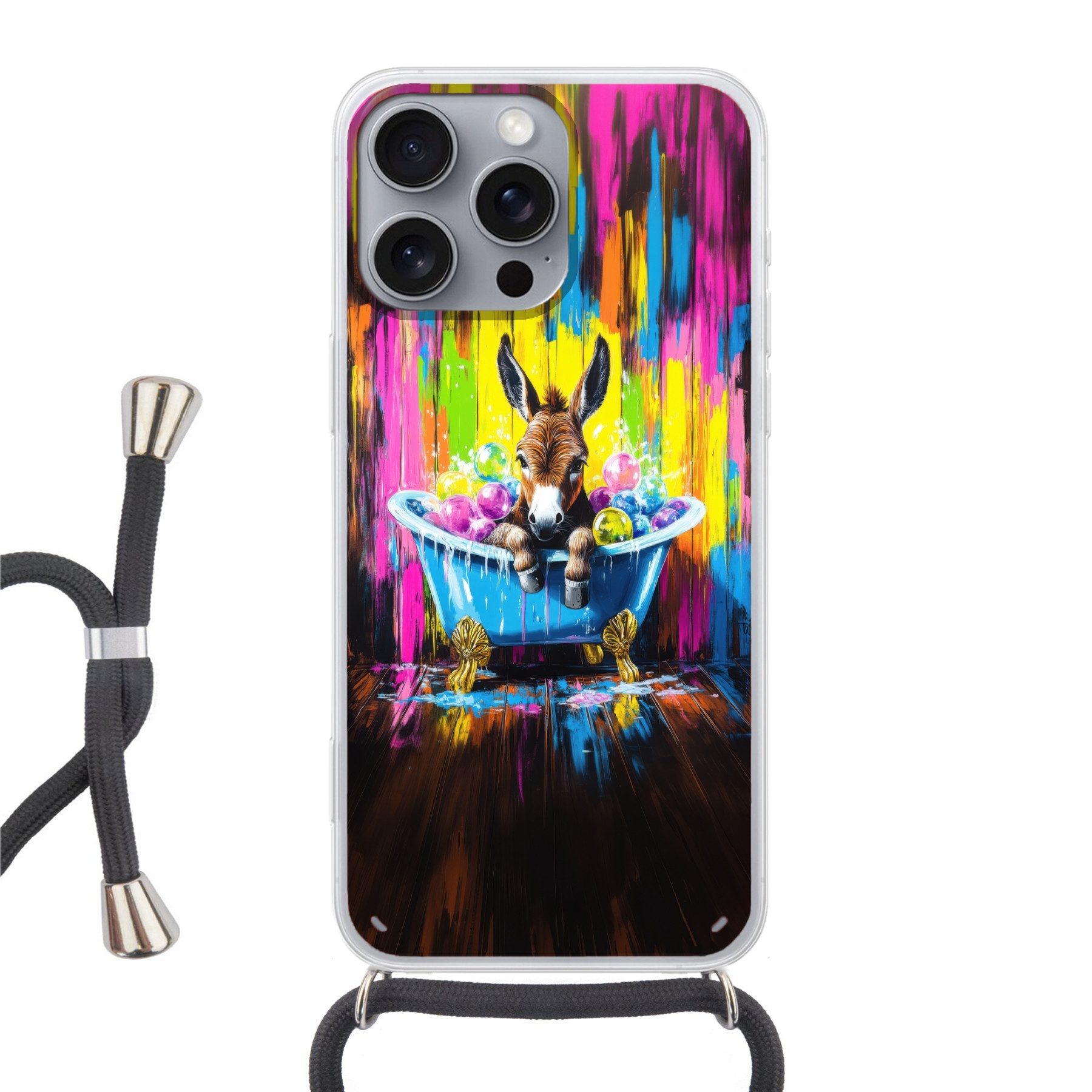MuchoWow Handyhülle für Apple iPhone 16 Pro Max Esel - Badewanne - Rosa - Schaumstoff, Tragbare Handyhüllen mit Kette zum umhängen, Handykette Handyband