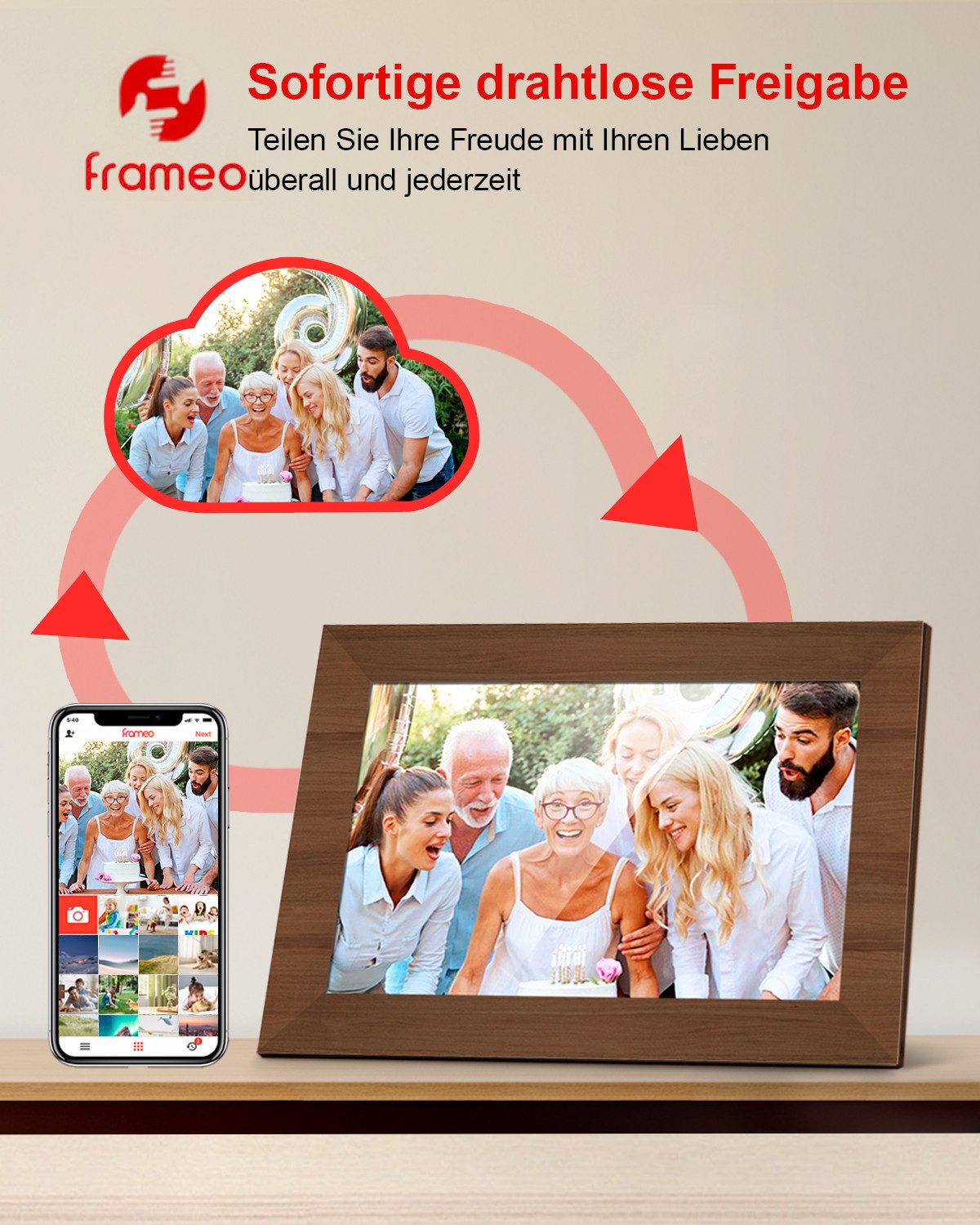 Fine Life Pro Digitaler Fotorahmen mit WiFi-Fotoübertragung. Digitaler Bilderrahmen (1280x800 Pixel, 32 GB, Körper-Sensor elektronischer Fotorahmen mit Frameo Foto/Video-Sharing)