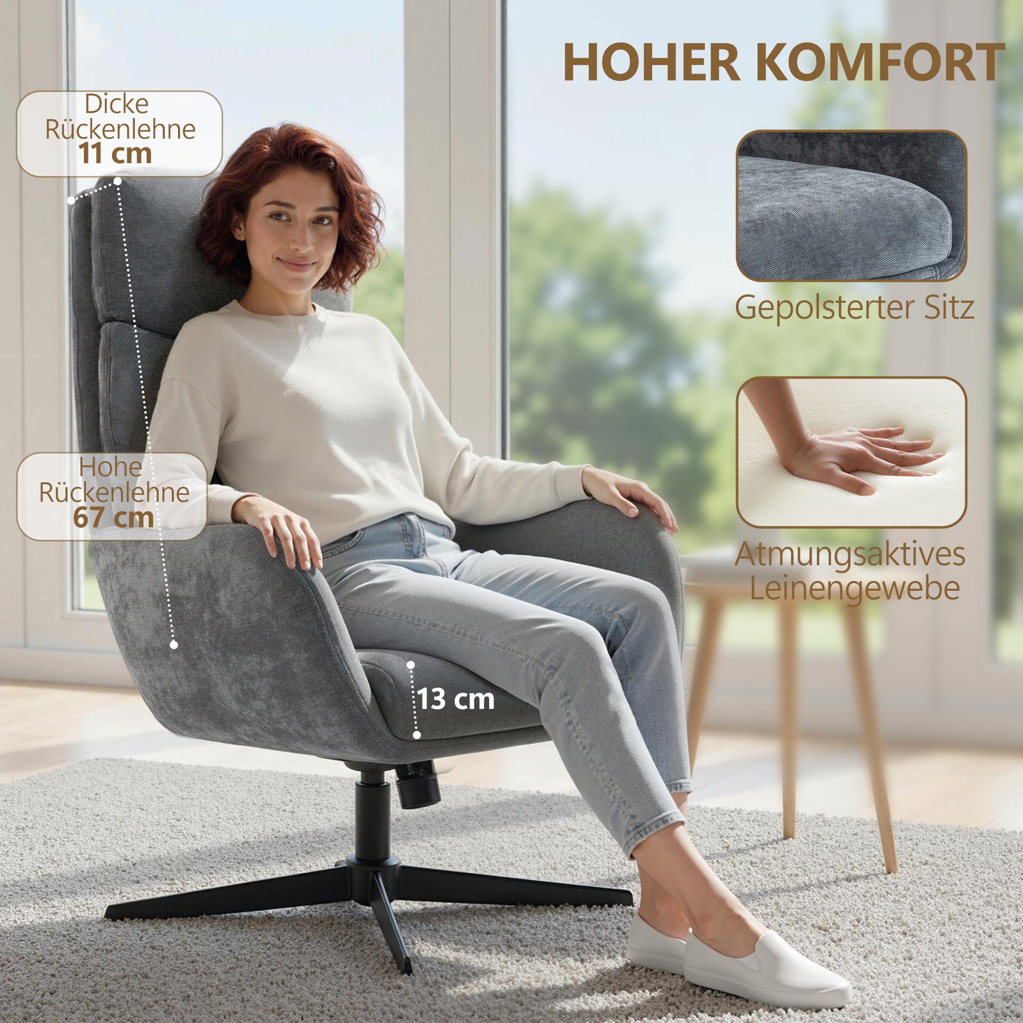 HOMCOM Relaxsessel Sessel mit hoher Rückenlehne, Loungesessel mit Wippfunktion (Fernsehsessel, 2-St., Loungesessel mit Hocker), für Wohnzimmer, Schlafzimmer, Gr – Bild 5 von 5