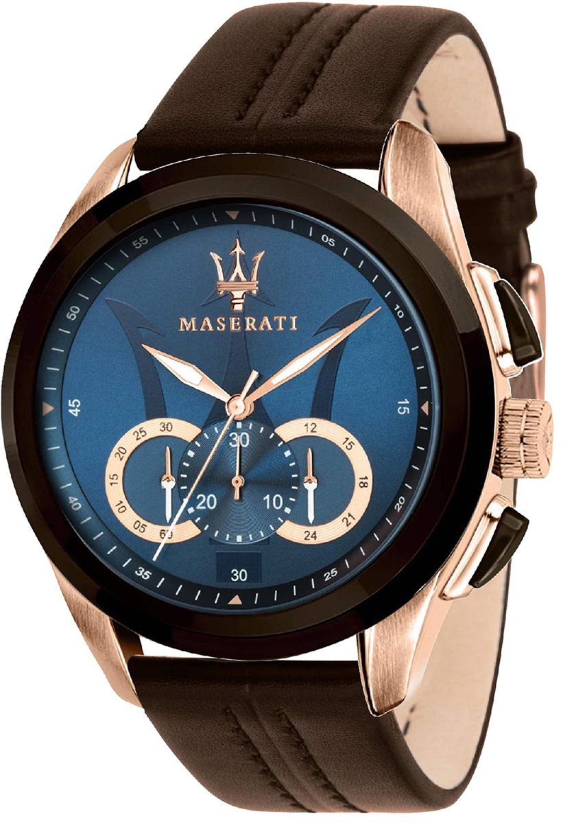 MASERATI Chronograph Maserati Herren Uhr Chronograph, Herrenuhr rund, groß (ca. 55x45mm) Lederarmband, Made-In Italy braun