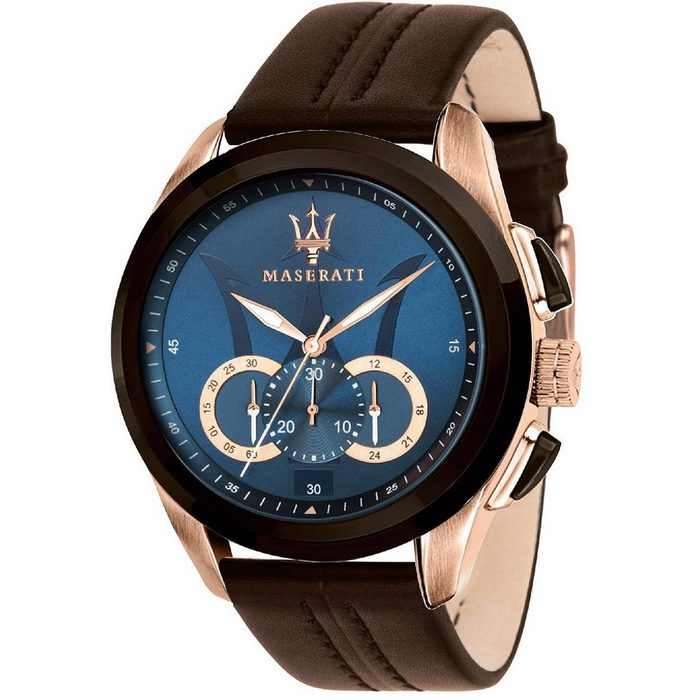 MASERATI Chronograph Maserati Herren Uhr Chronograph (Armbanduhr) Herren Armbanduhr groß (ca. 55x45mm) Lederarmband braun Fashion