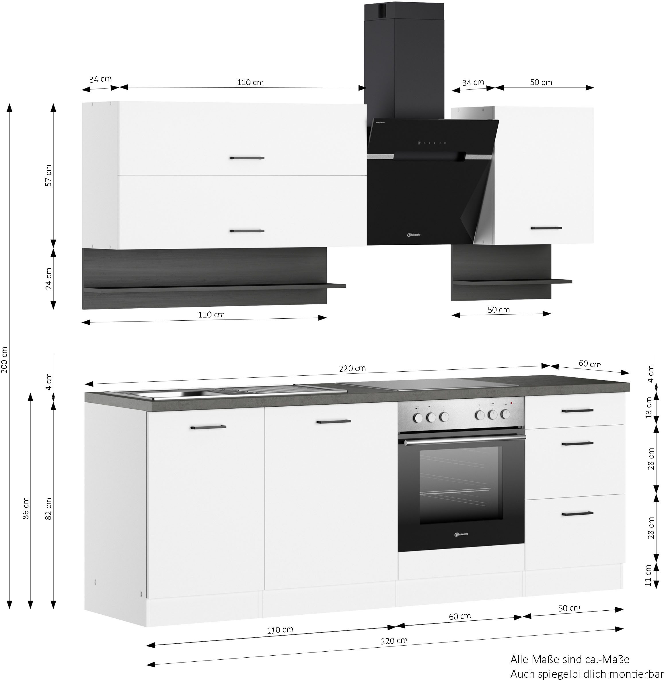 KOCHSTATION Küchenzeile KS-Betty, Breite 220 cm, mit E-Geräten von Bauknecht