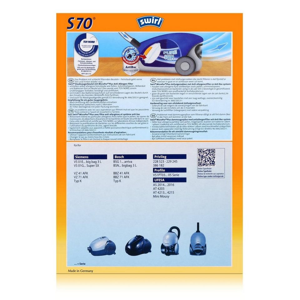 Swirl Staubsaugerbeutel Swirl® S 70 Staubsaugerbeutel für Siemens und  Bosch, 4er- Pack, Lieferumfang : 4 x MicroPor - Beutel bestueckt + 1 Filter