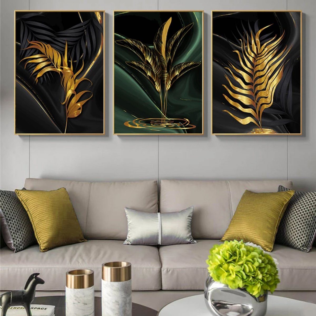 TPFLiving Kunstdruck (OHNE - Poster Leinwand Wanddeko 3-er - Schwarz 10x15cm günstigen RAHMEN) (Einzeln Größe: Farben: Set Wandbild, - - im Wohnzimmer), Goldene und - Gold, Blätter