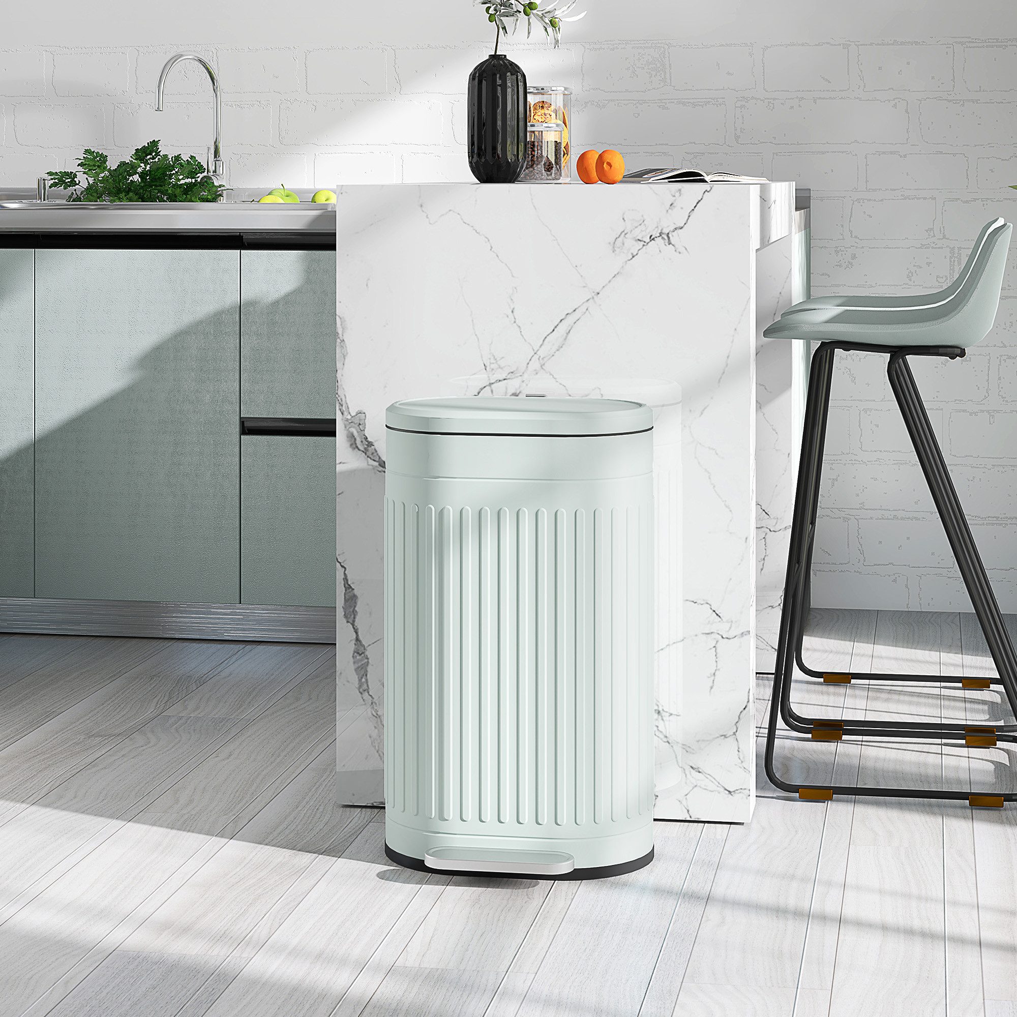 HOMCOM Mülltrennsystem Mülleimer 30L Treteimer mit Deckel und Fußpedal, für Wohnzimmer, Büro, Grün, 36,5 x 31,2 x 60,8 cm