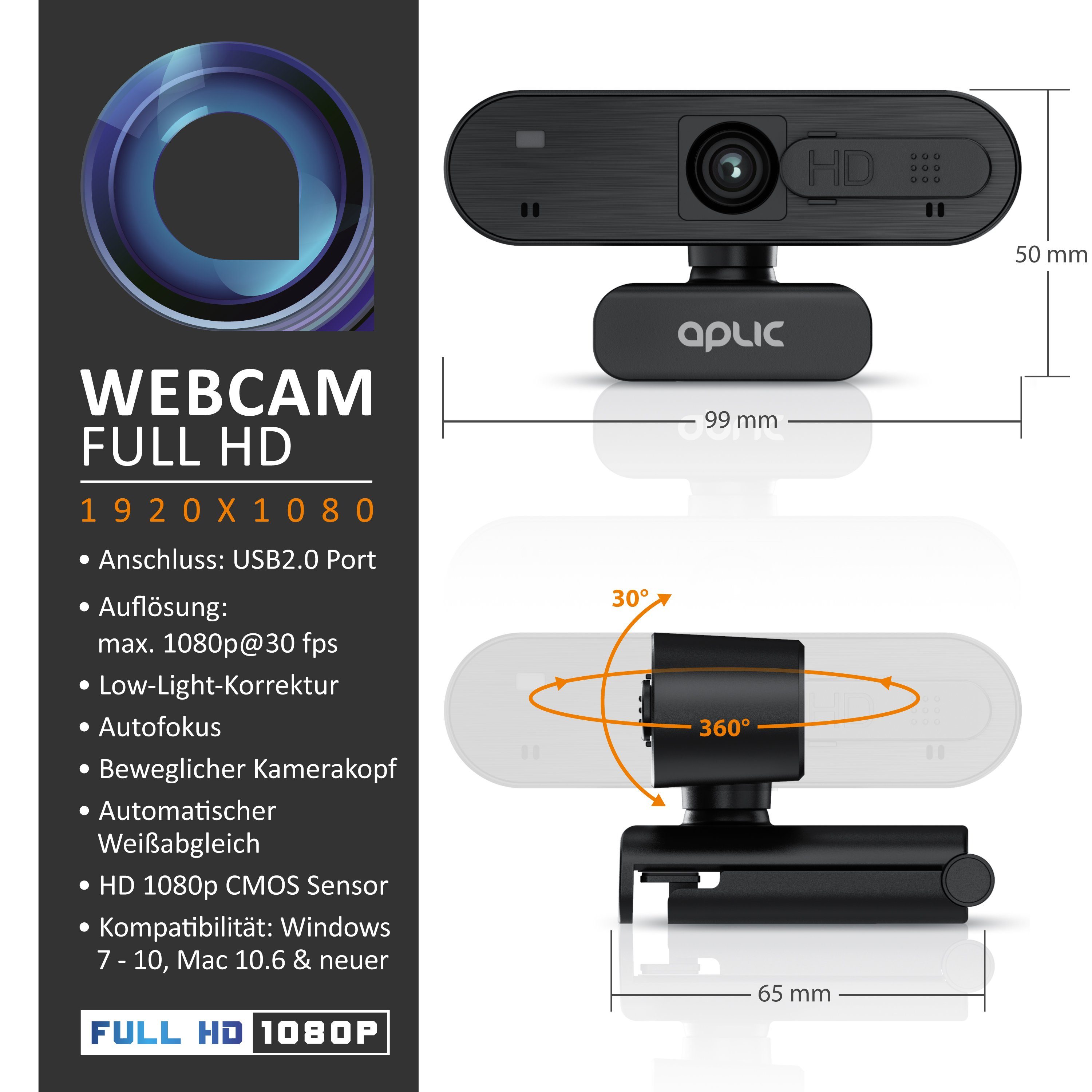 1920x1080@30Hz, Sichtschutz, Aplic Stereomikrofon) HD-Webcam HD, Autofokus, Full (Full Privacy Shutter schwarz1